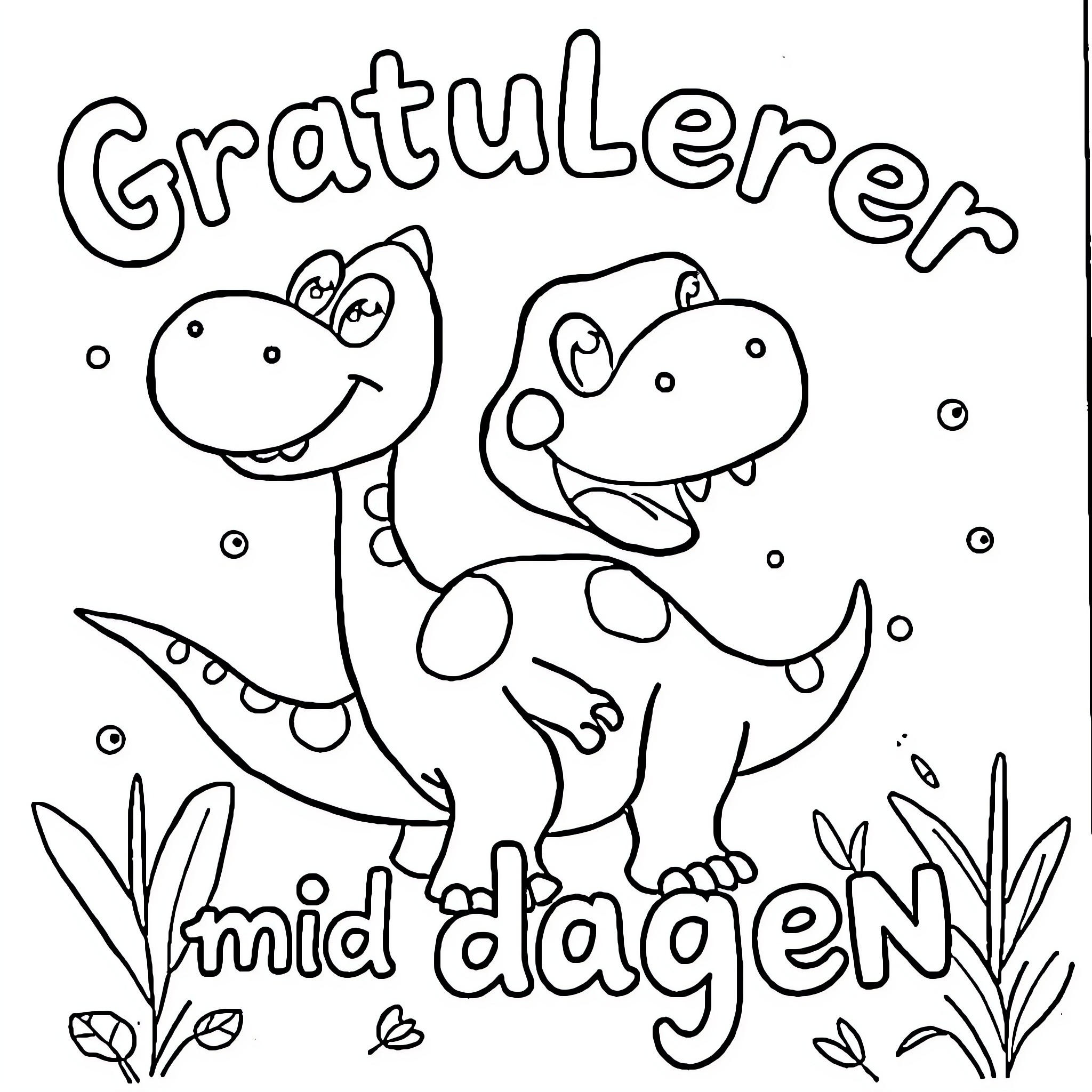 Dinosaur friends playing happily in the garden Coloring Page (free black-and-white line drawing printable PDF for all, from beginners to advanced learners, including children, teens, adults, and seniors)
