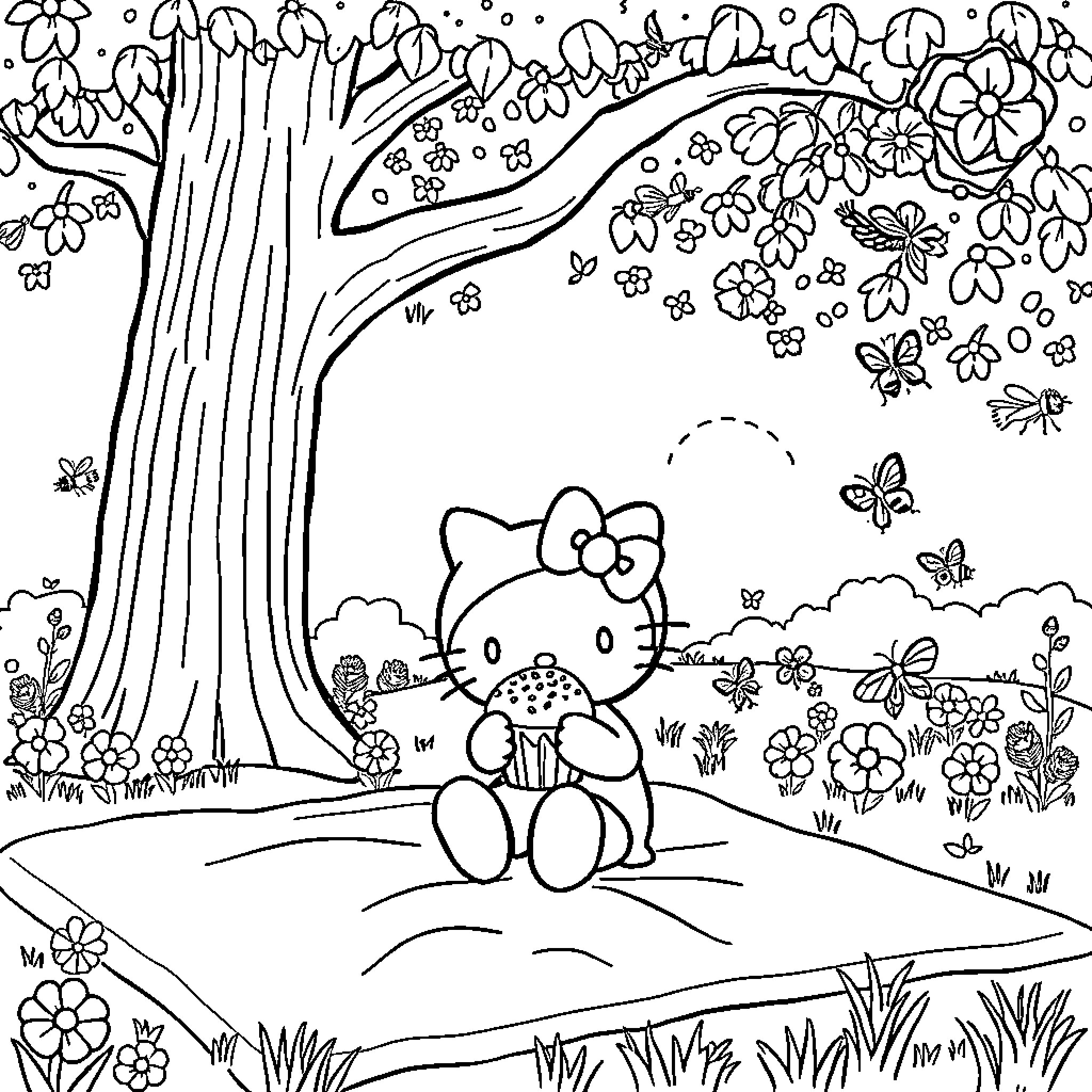 My Melody's Enchanting Woodland Adventure Coloring Page (free black-and-white line drawing printable PDF for all, from beginners to advanced learners, including children, teens, adults, and seniors)