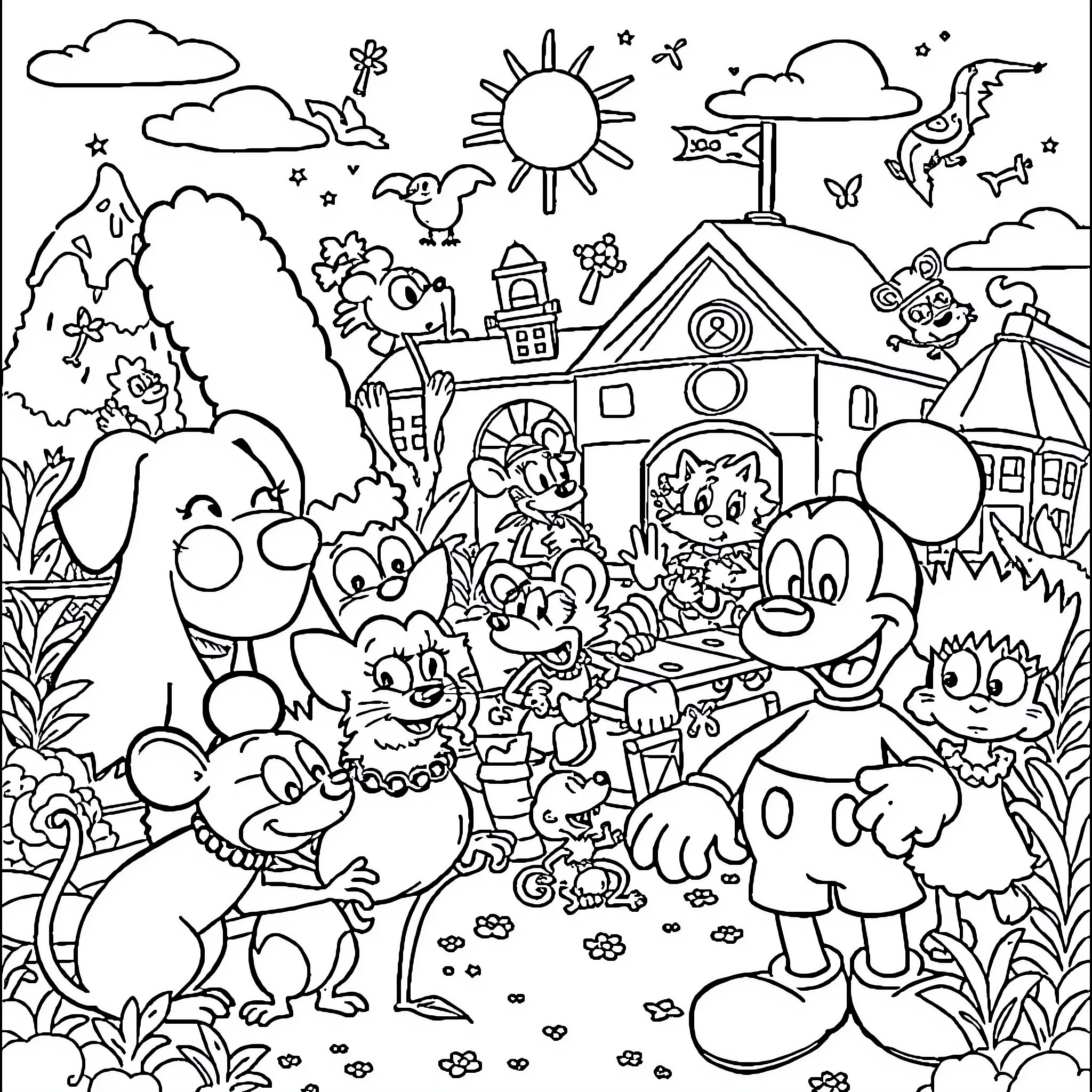 Dog playing joyfully with animal friends in a colorful town Coloring Page (free black-and-white line drawing printable PDF for all, from beginners to advanced learners, including children, teens, adults, and seniors)