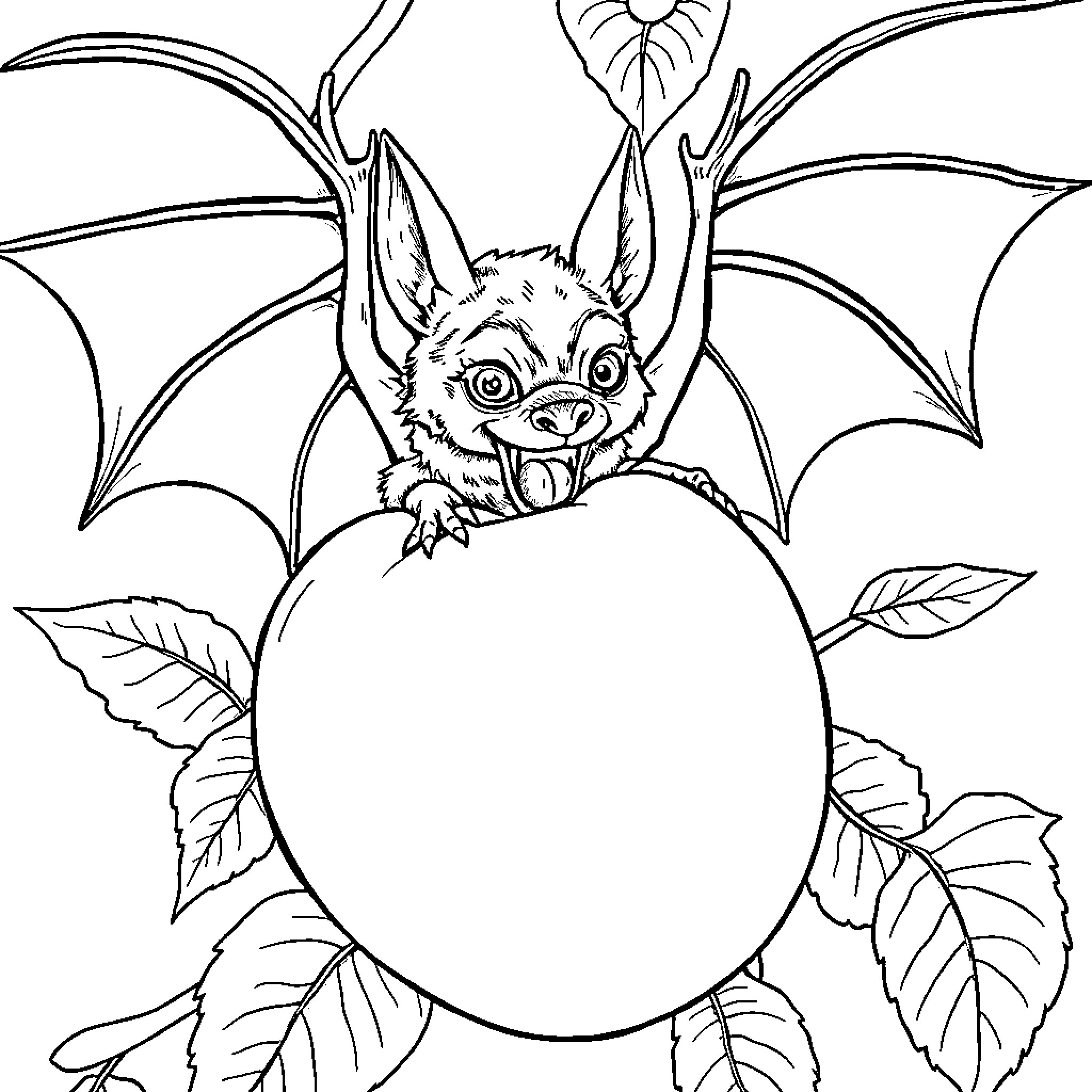 Bat peeking out from behind a large egg Coloring Page (free black-and-white line drawing printable PDF for all, from beginners to advanced learners, including children, teens, adults, and seniors)