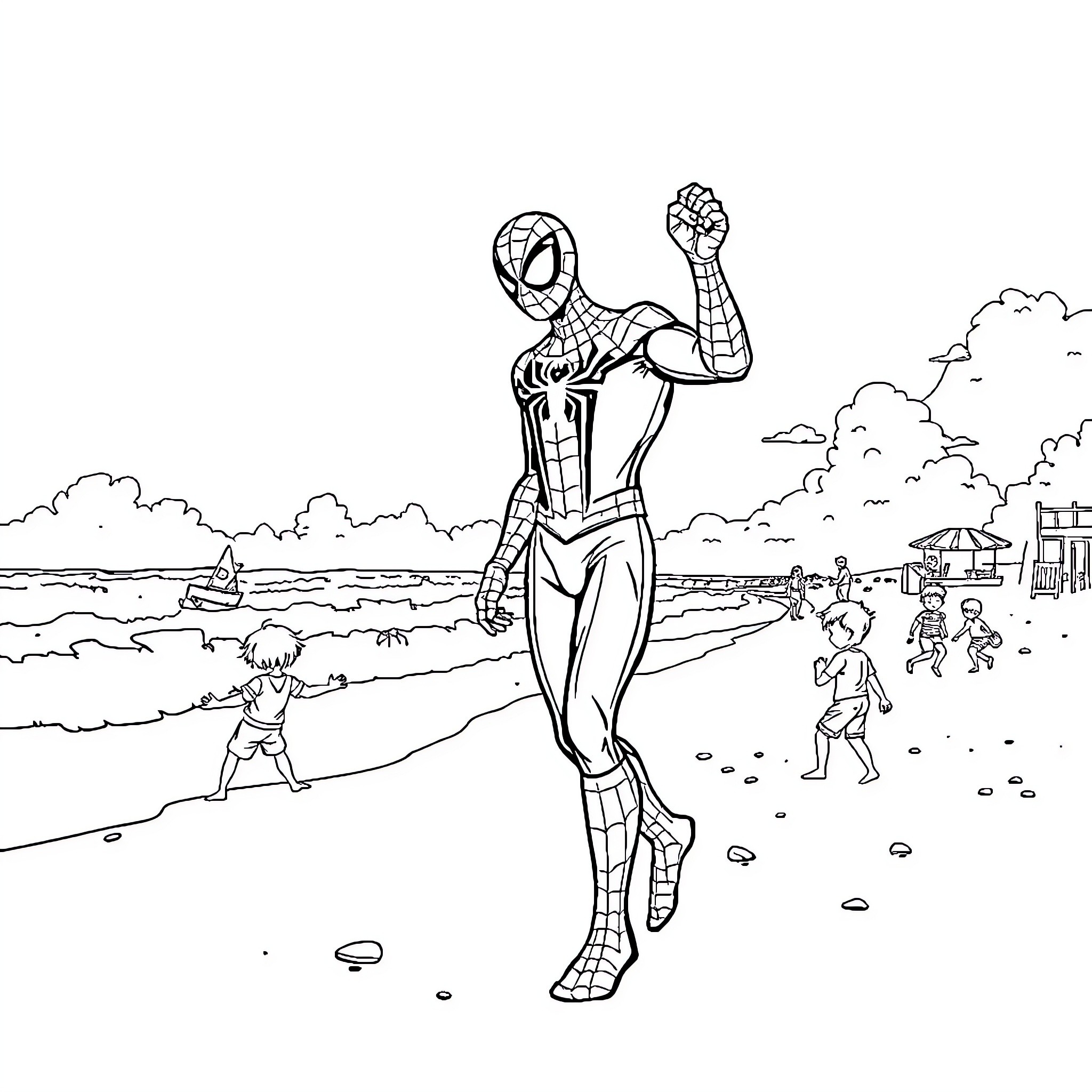 Spiderman saving the day at the beach Coloring Page (free black-and-white line drawing printable PDF for all, from beginners to advanced learners, including children, teens, adults, and seniors)