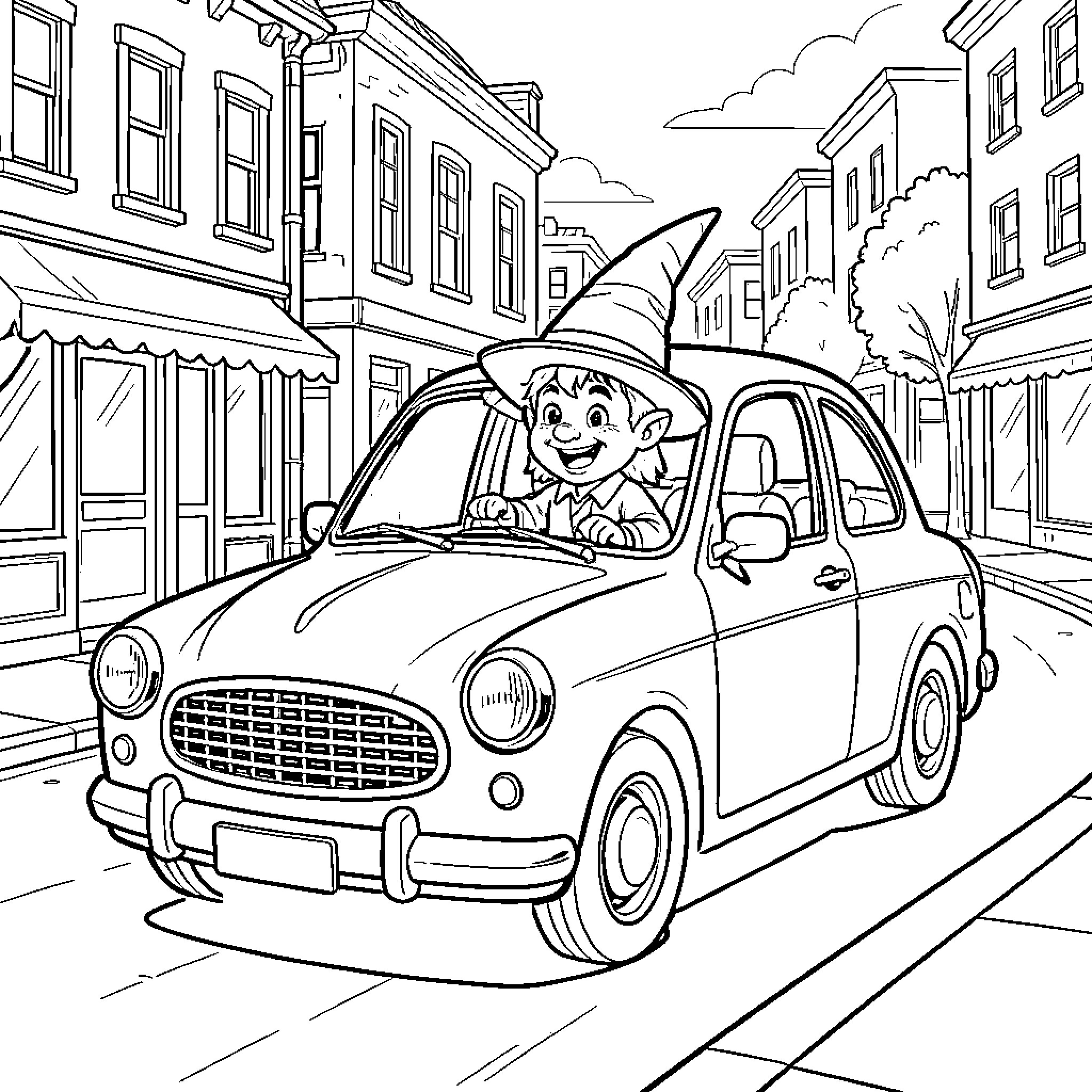 Duende's Whimsical Ride through the Town Coloring Page (free black-and-white line drawing printable PDF for all, from beginners to advanced learners, including children, teens, adults, and seniors)