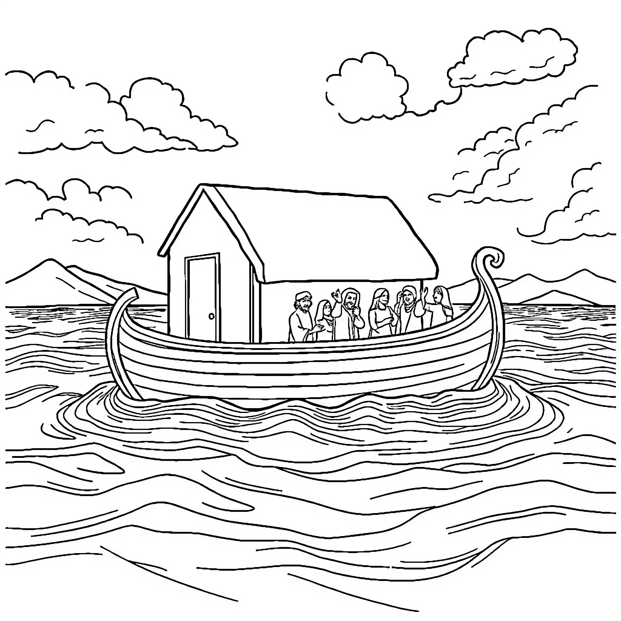 Noah's Ark Sailing on the Stormy Seas Coloring Page (free black-and-white line drawing printable PDF for all, from beginners to advanced learners, including children, teens, adults, and seniors)