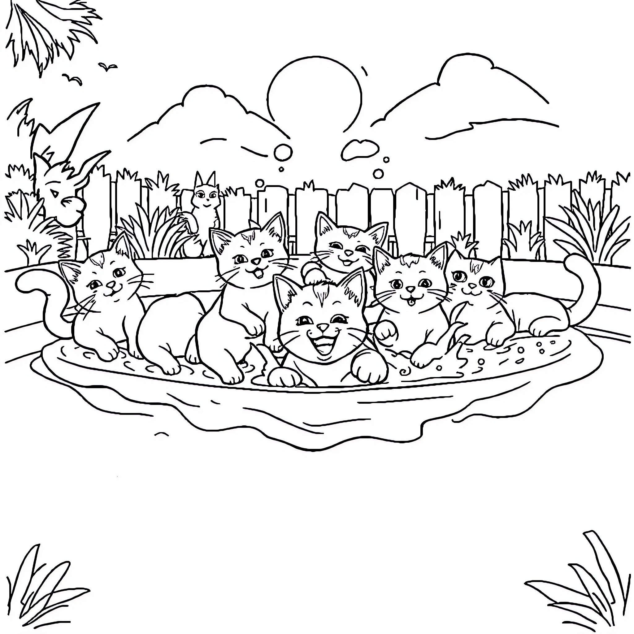 Cats Relaxing in Scenic Nature Coloring Page (free black-and-white line drawing printable PDF for all, from beginners to advanced learners, including children, teens, adults, and seniors)