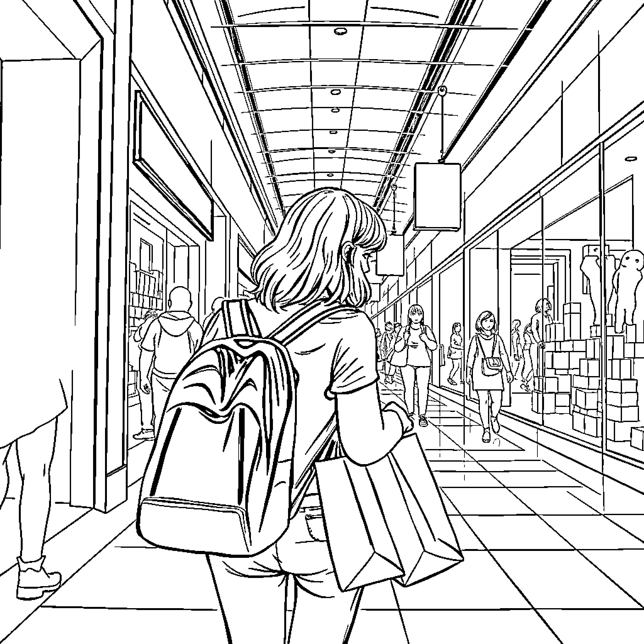 Teenager walking through a crowded hallway Coloring Page (free black-and-white line drawing printable PDF for all, from beginners to advanced learners, including children, teens, adults, and seniors)