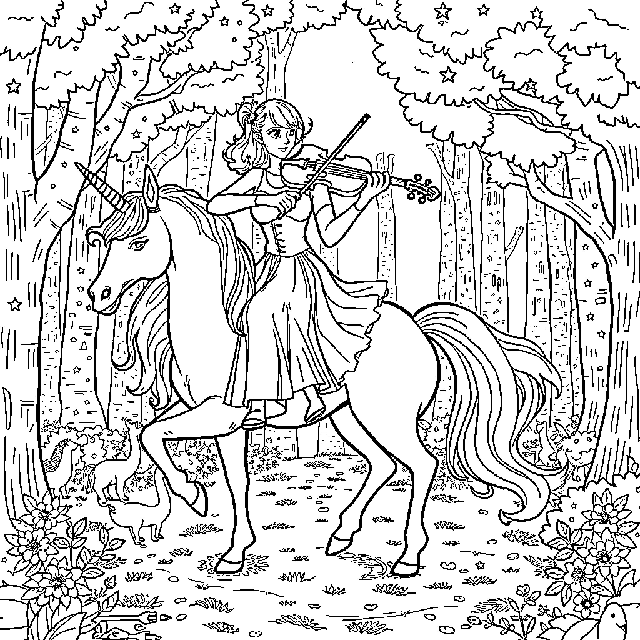Unicorn Rider Playing Violin in Enchanted Forest Coloring Page (free black-and-white line drawing printable PDF for all, from beginners to advanced learners, including children, teens, adults, and seniors)
