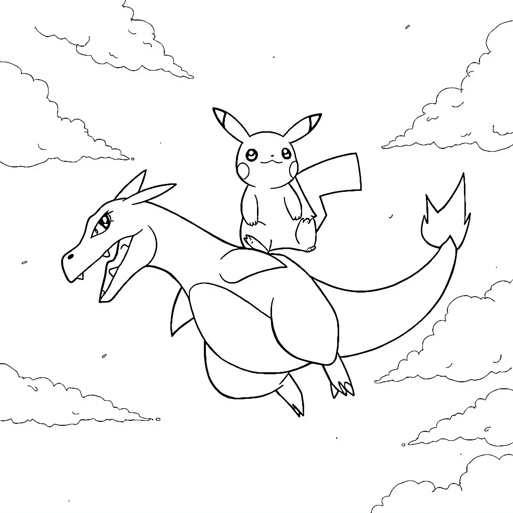 Pikachu riding a dragon in the clouds Coloring Page (free black-and-white line drawing printable PDF for all, from beginners to advanced learners, including children, teens, adults, and seniors)