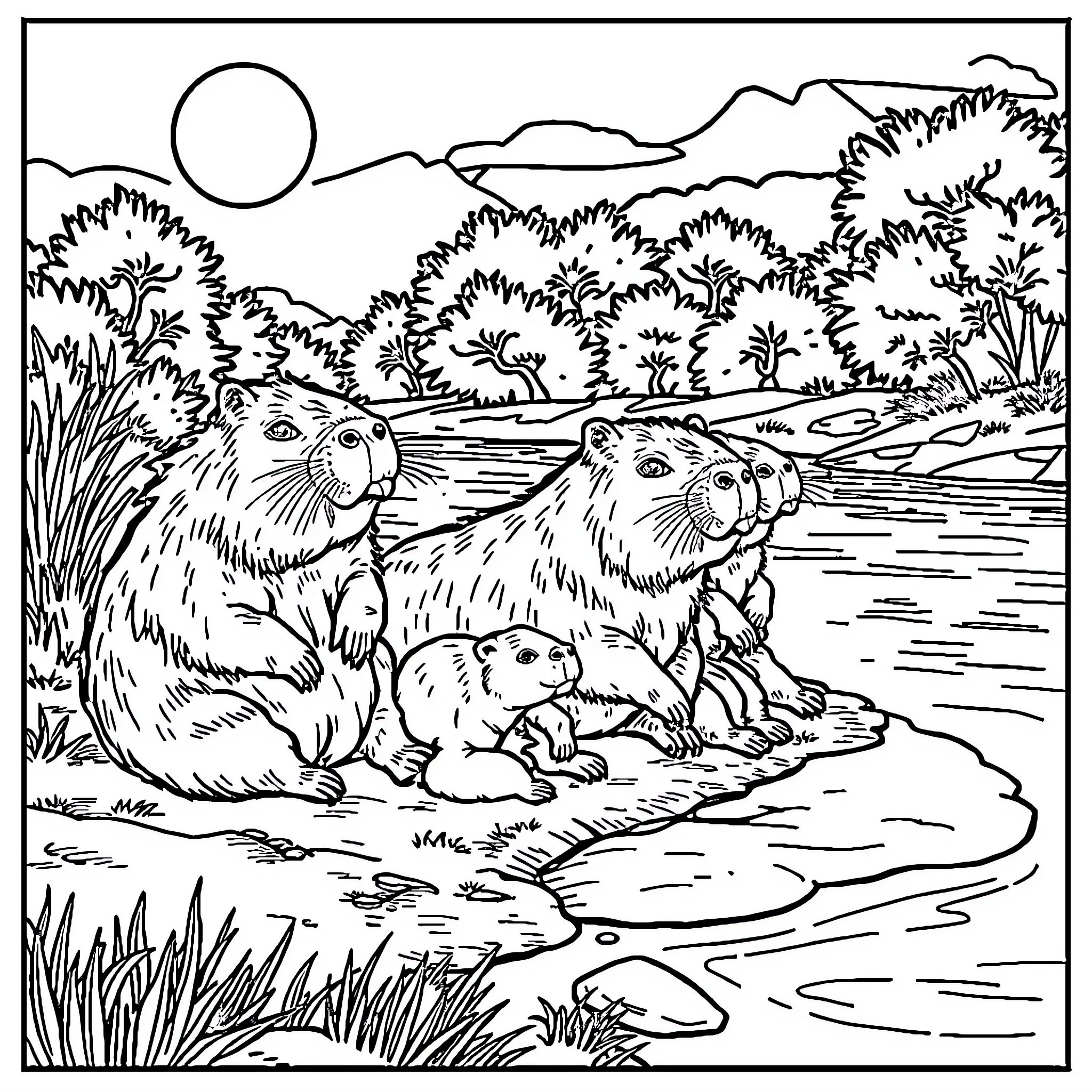 Capybara family enjoying a peaceful moment by the river Coloring Page (free black-and-white line drawing printable PDF for all, from beginners to advanced learners, including children, teens, adults, and seniors)