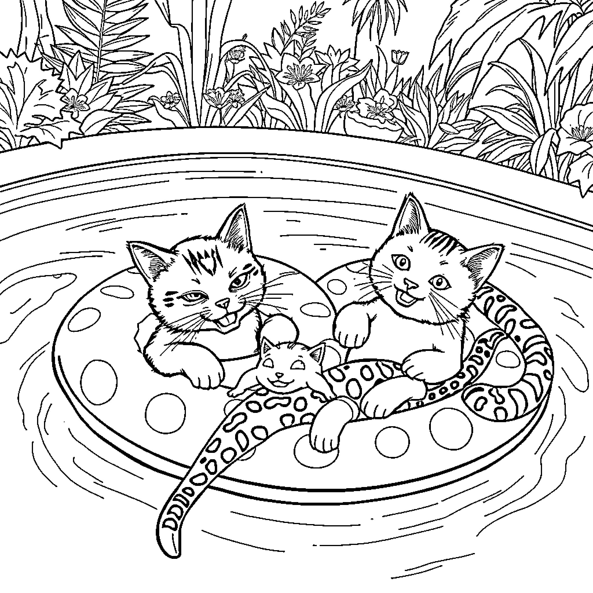 Cats playing happily in a pond Coloring Page (free black-and-white line drawing printable PDF for all, from beginners to advanced learners, including children, teens, adults, and seniors)