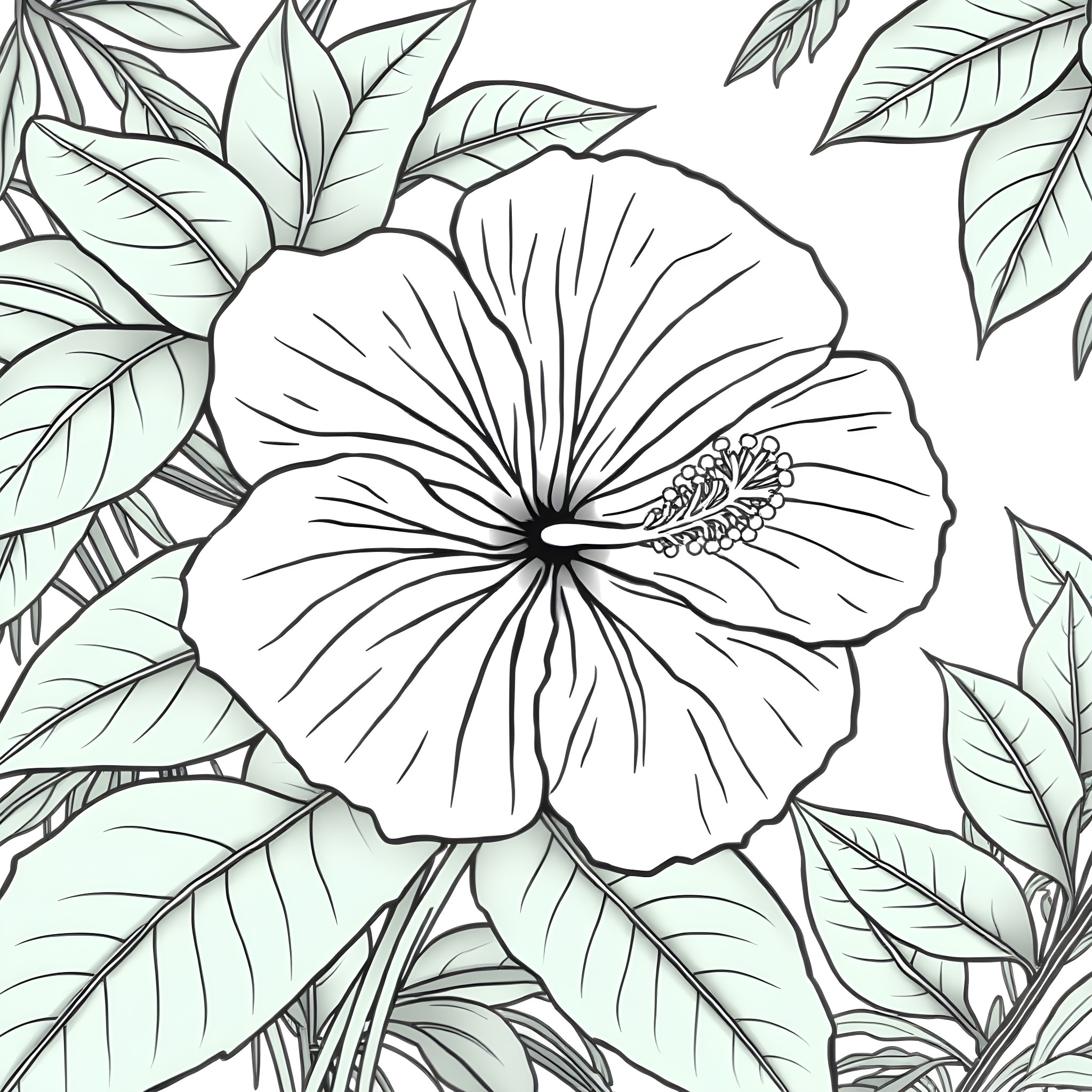 Hibiscus flower blooming in lush tropical foliage Coloring Page (free black-and-white line drawing printable PDF for all, from beginners to advanced learners, including children, teens, adults, and seniors)