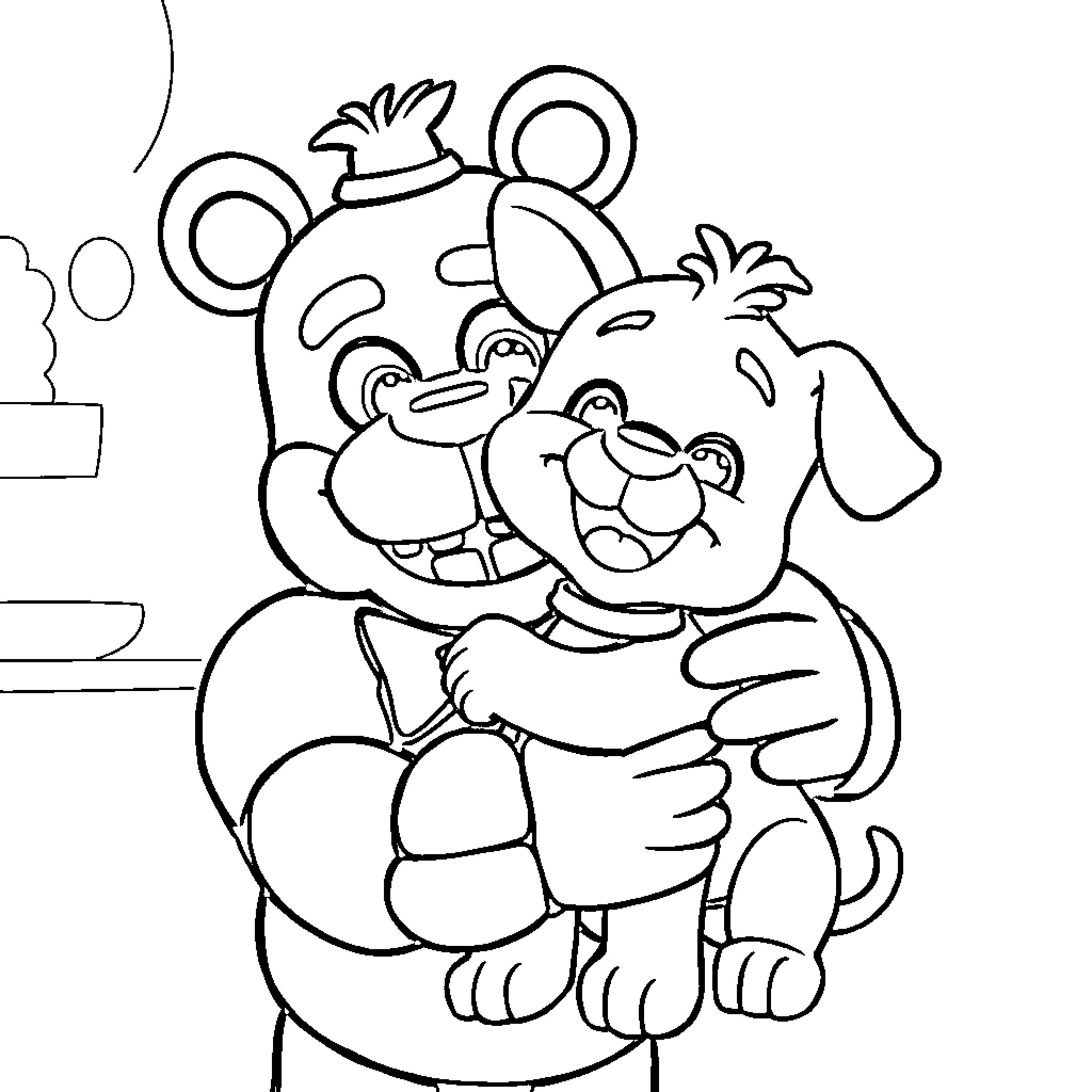 Freddy Fazbear and friends in a cheerful scene Coloring Page (free black-and-white line drawing printable PDF for all, from beginners to advanced learners, including children, teens, adults, and seniors)