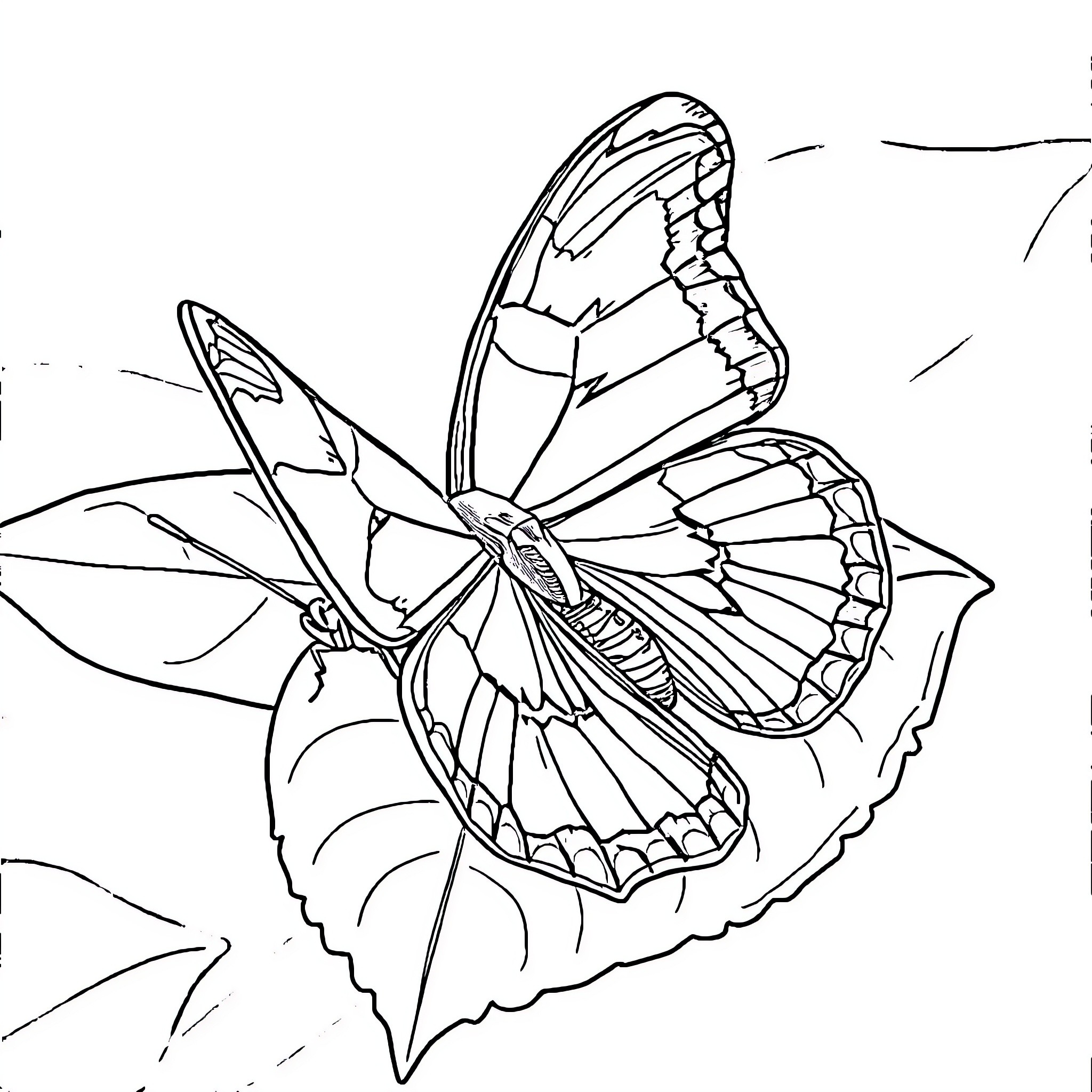 Butterfly resting on leaf Coloring Page (free black-and-white line drawing printable PDF for all, from beginners to advanced learners, including children, teens, adults, and seniors)