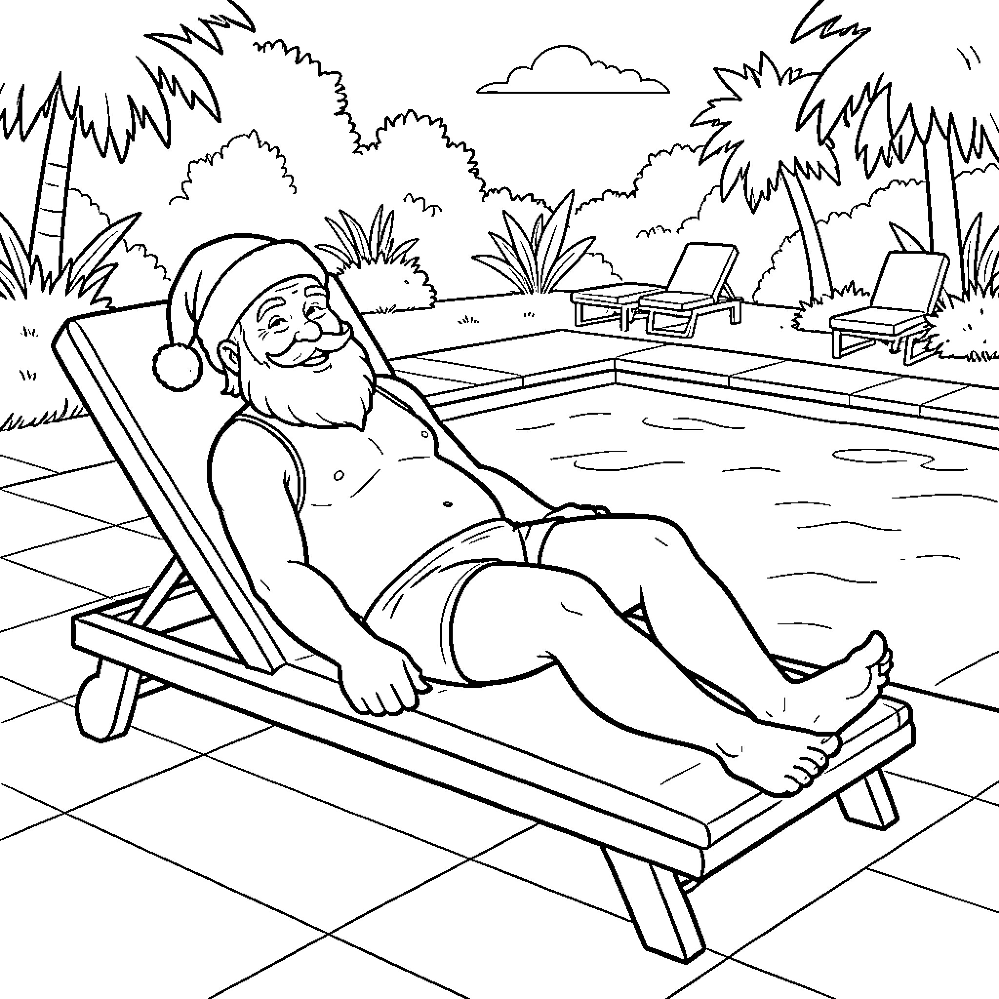 Santa Claus relaxing on a lounge chair by a pool Coloring Page (free black-and-white line drawing printable PDF for all, from beginners to advanced learners, including children, teens, adults, and seniors)