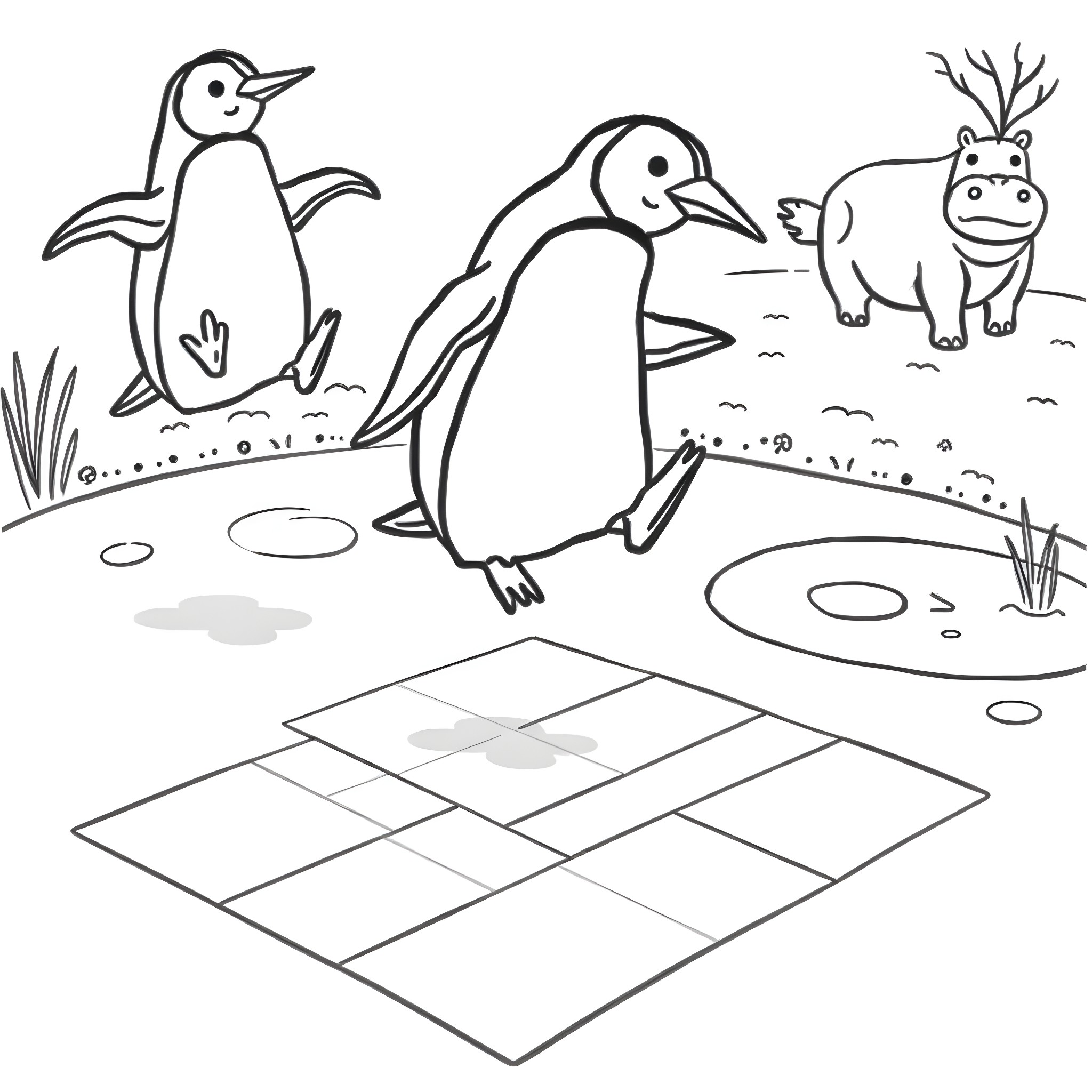 Penguin pair hopping on a hopscotch grid with a hippo Coloring Page (free black-and-white line drawing printable PDF for all, from beginners to advanced learners, including children, teens, adults, and seniors)
