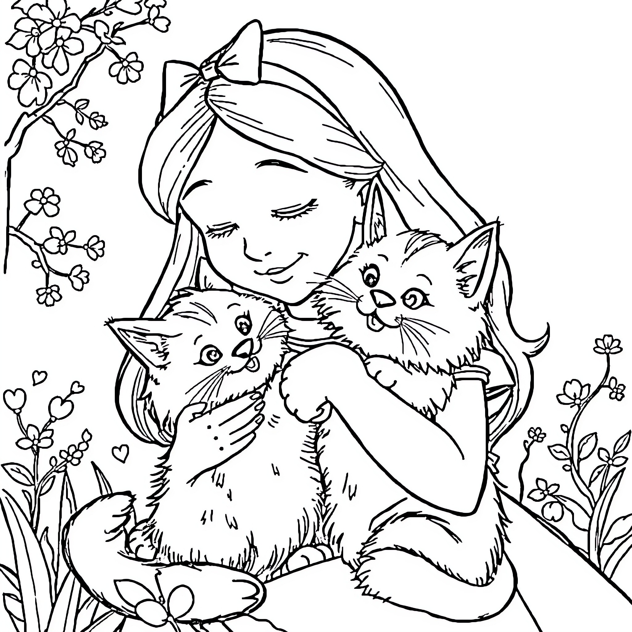 Alice cuddling adorable kittens in floral garden Coloring Page (free black-and-white line drawing printable PDF for all, from beginners to advanced learners, including children, teens, adults, and seniors)