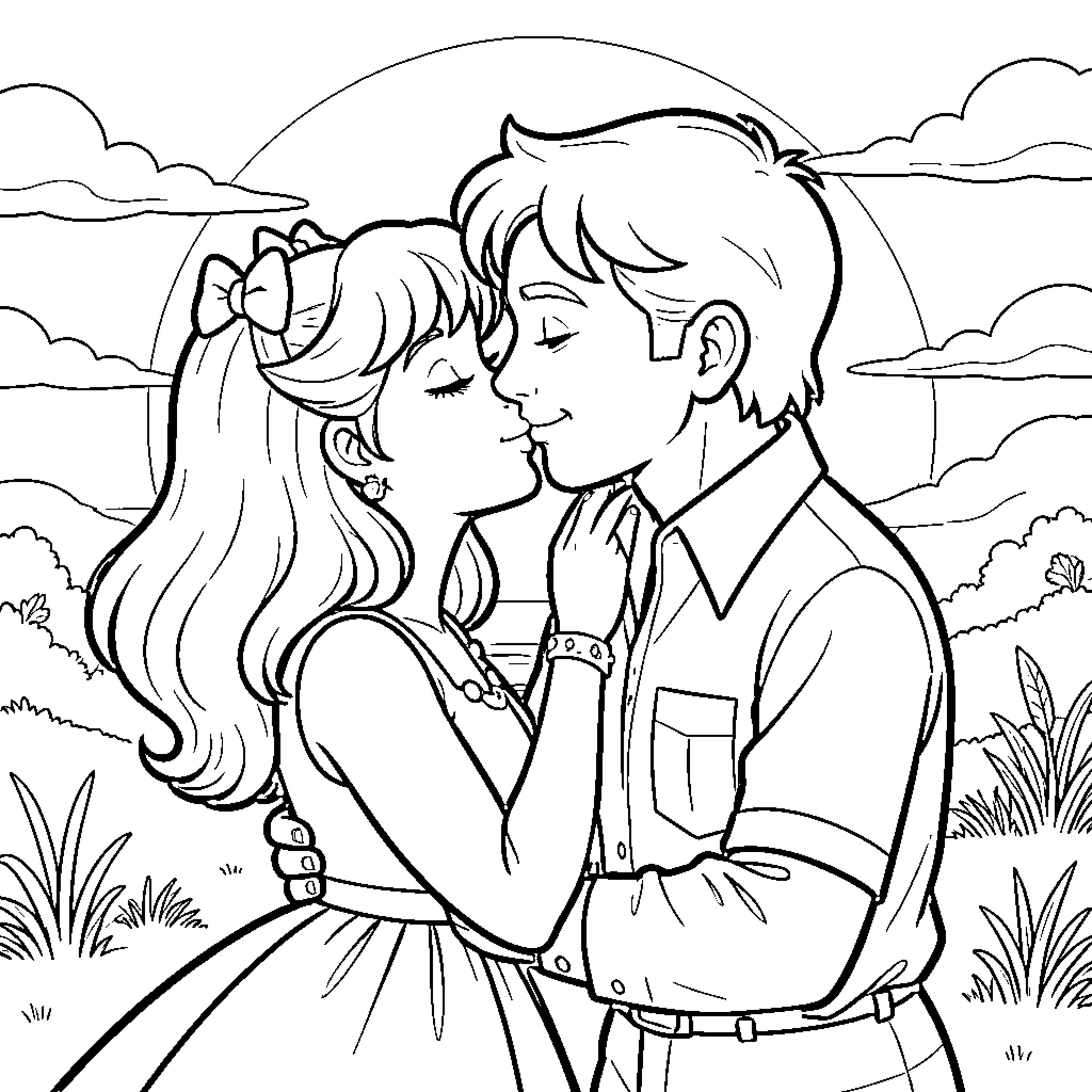 Candy couple sharing intimate moment in nature Coloring Page (free black-and-white line drawing printable PDF for all, from beginners to advanced learners, including children, teens, adults, and seniors)