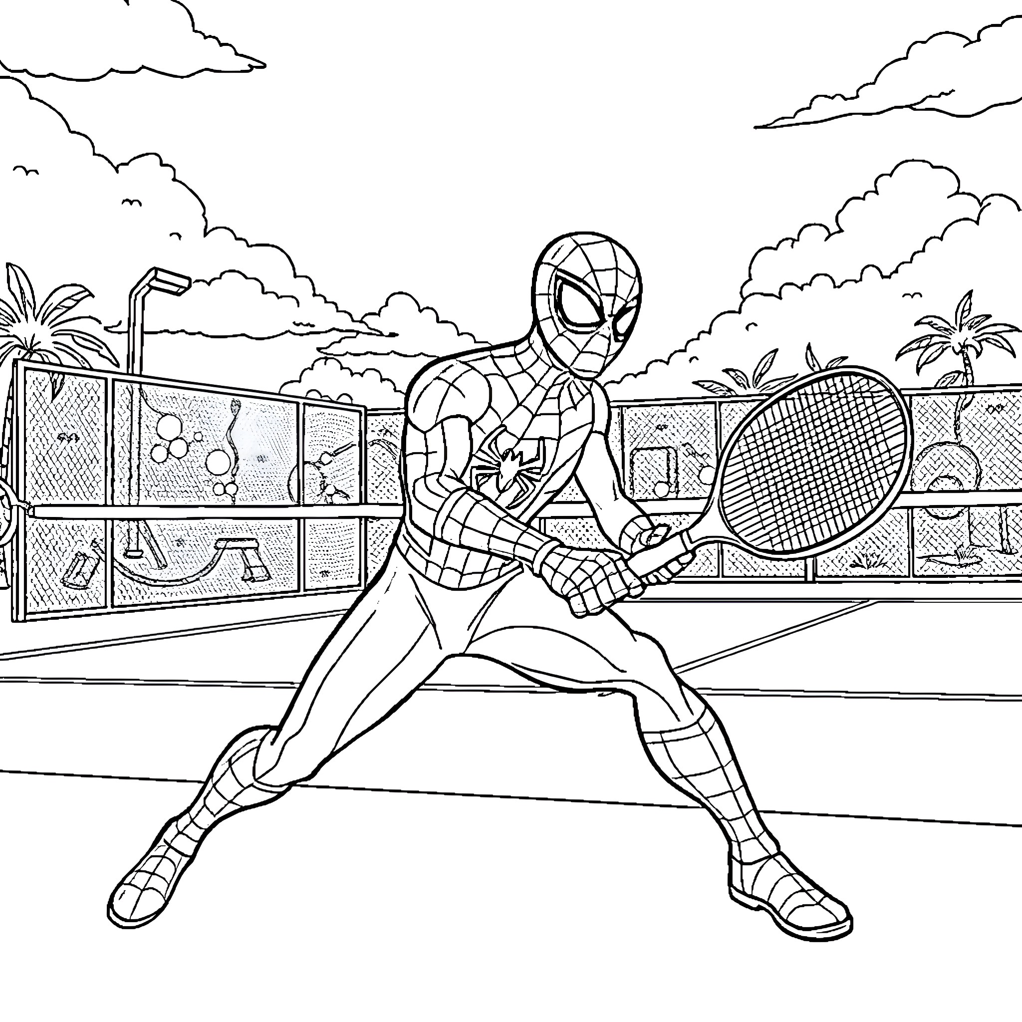Spiderman playing tennis on the court Coloring Page (free black-and-white line drawing printable PDF for all, from beginners to advanced learners, including children, teens, adults, and seniors)