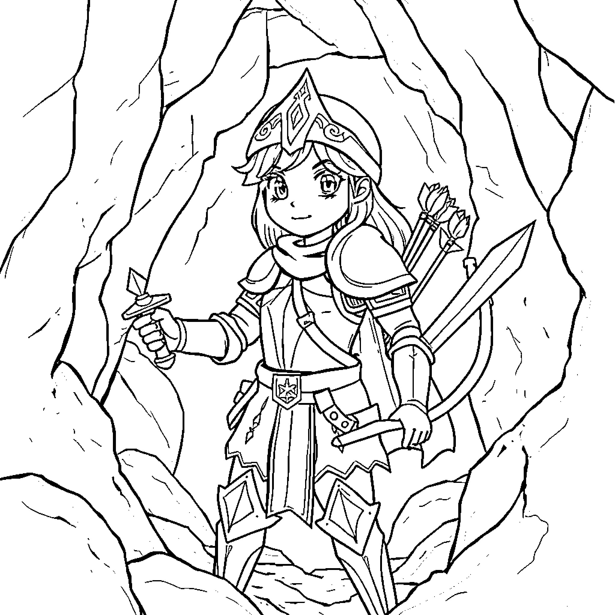 Princess Knight exploring a mysterious cave Coloring Page (free black-and-white line drawing printable PDF for all, from beginners to advanced learners, including children, teens, adults, and seniors)