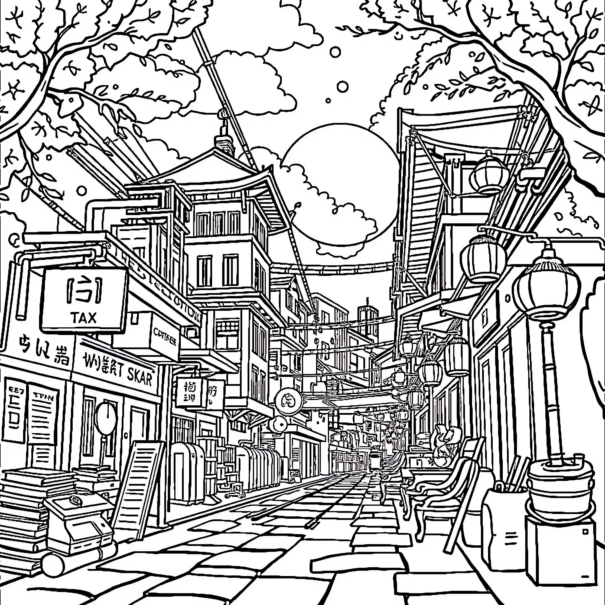 Impuesto: Bustling Urban Street Scene with Diverse Architecture Coloring Page (free black-and-white line drawing printable PDF for all, from beginners to advanced learners, including children, teens, adults, and seniors)