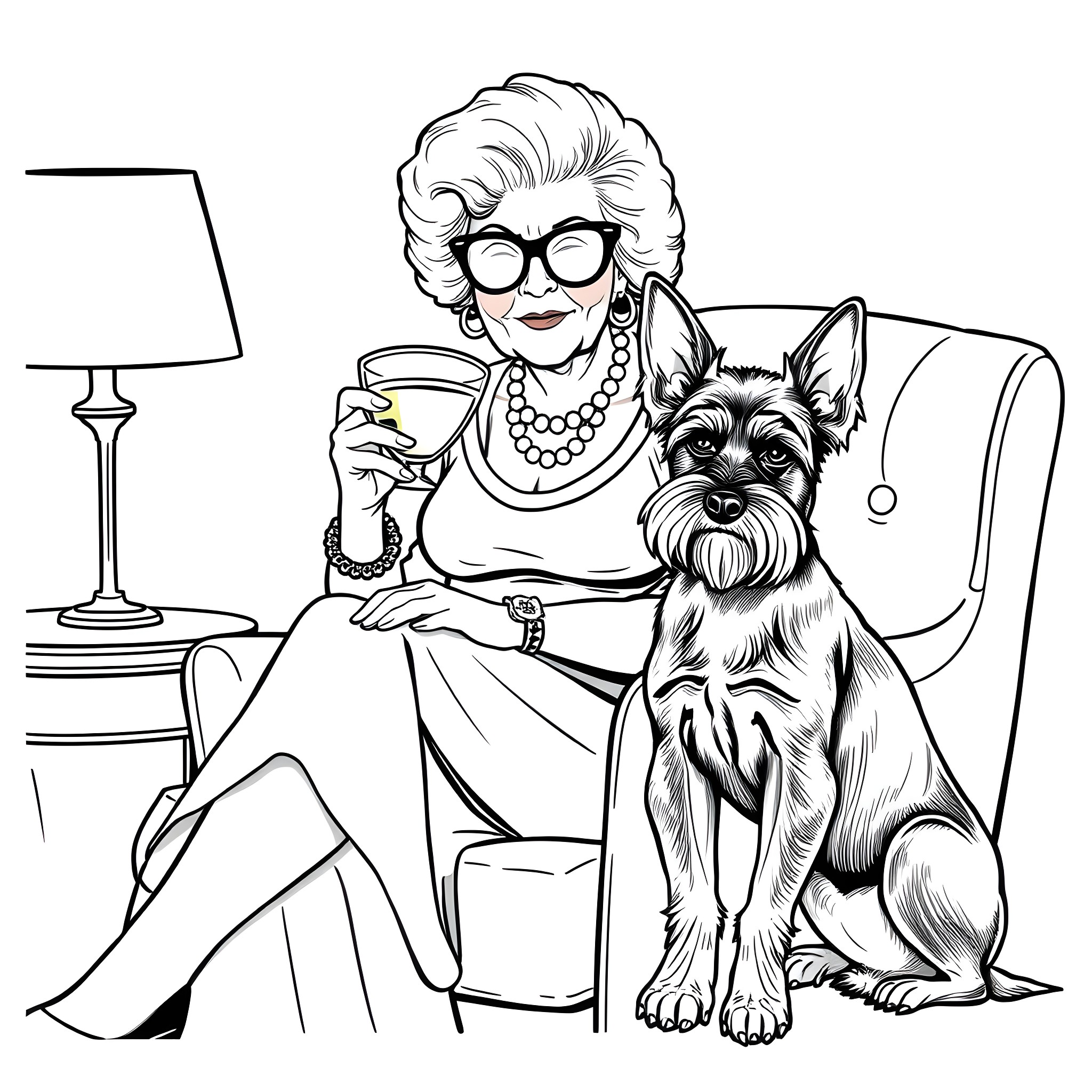 Grandma enjoying her tea with her loyal canine companion Coloring Page (free black-and-white line drawing printable PDF for all, from beginners to advanced learners, including children, teens, adults, and seniors)