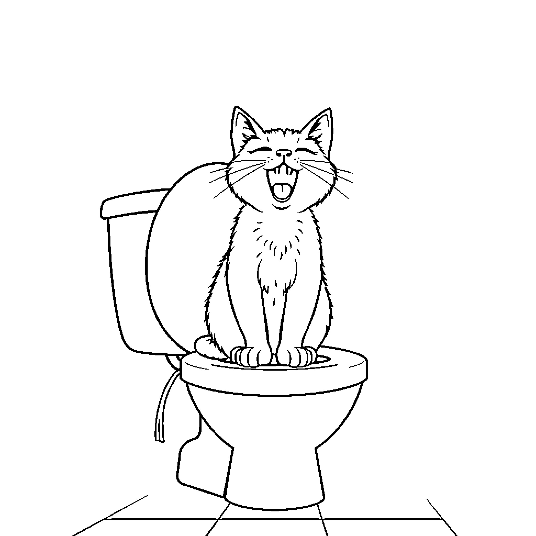 Cat sitting on toilet with open mouth Coloring Page (free black-and-white line drawing printable PDF for all, from beginners to advanced learners, including children, teens, adults, and seniors)