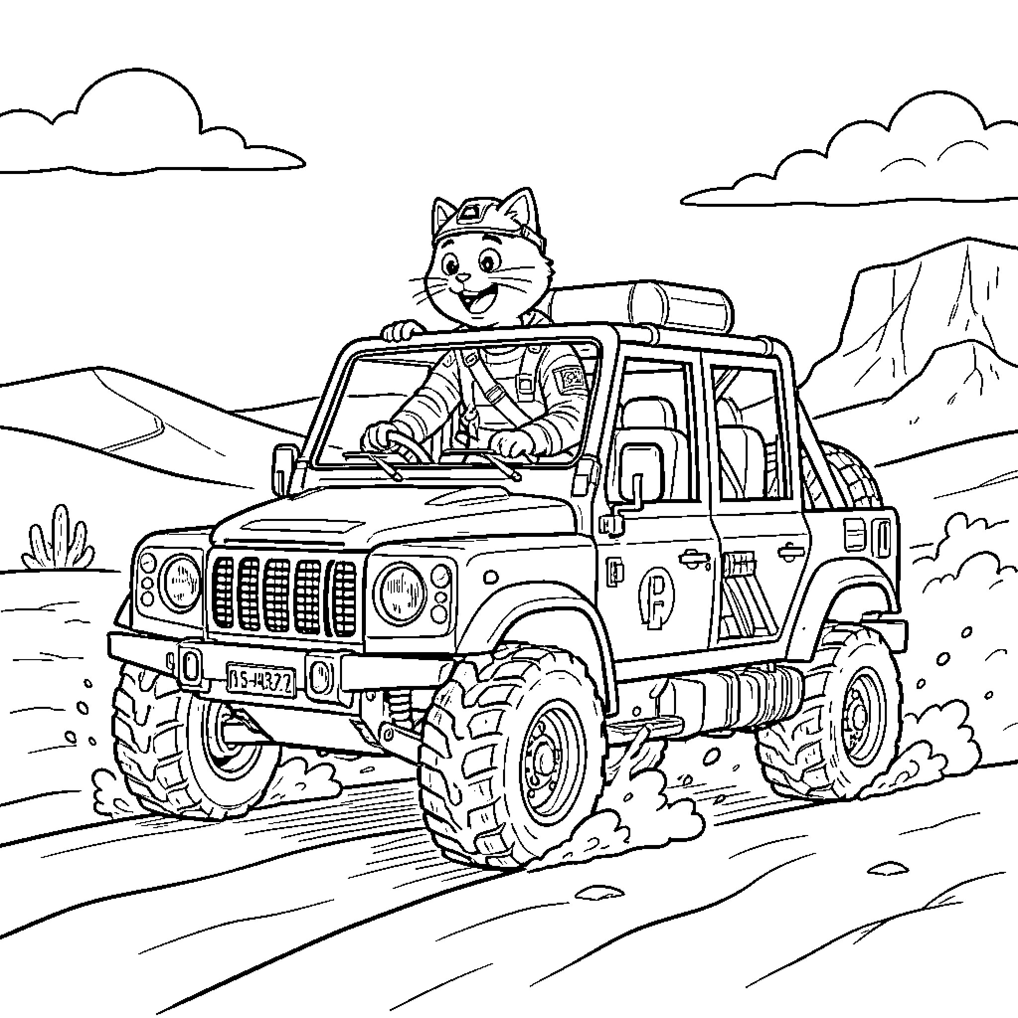Chascadeur cat driving a rugged off-road vehicle Coloring Page (free black-and-white line drawing printable PDF for all, from beginners to advanced learners, including children, teens, adults, and seniors)