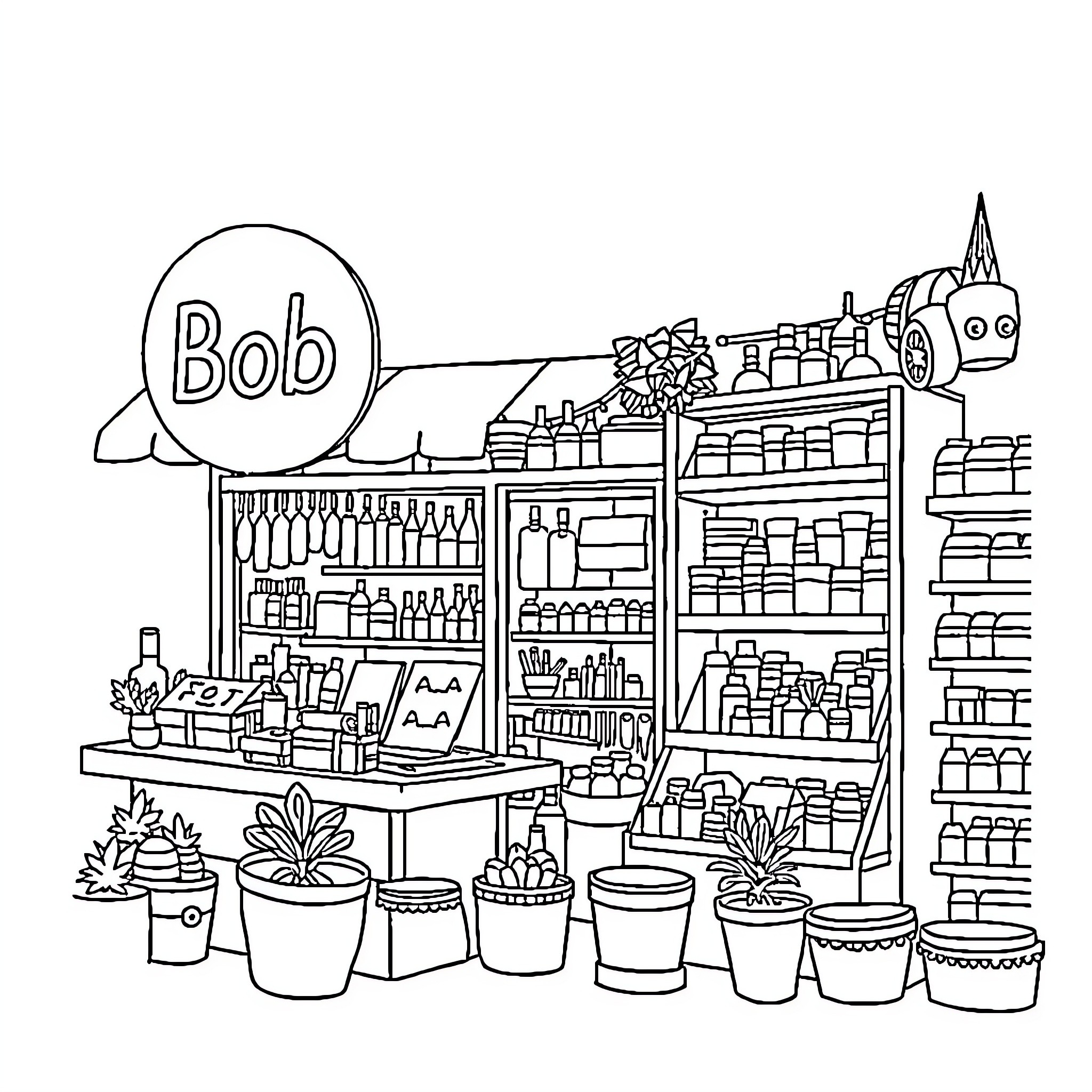 BOBGOODS: Whimsical Variety Store with Quirky Decor Coloring Page (free black-and-white line drawing printable PDF for all, from beginners to advanced learners, including children, teens, adults, and seniors)