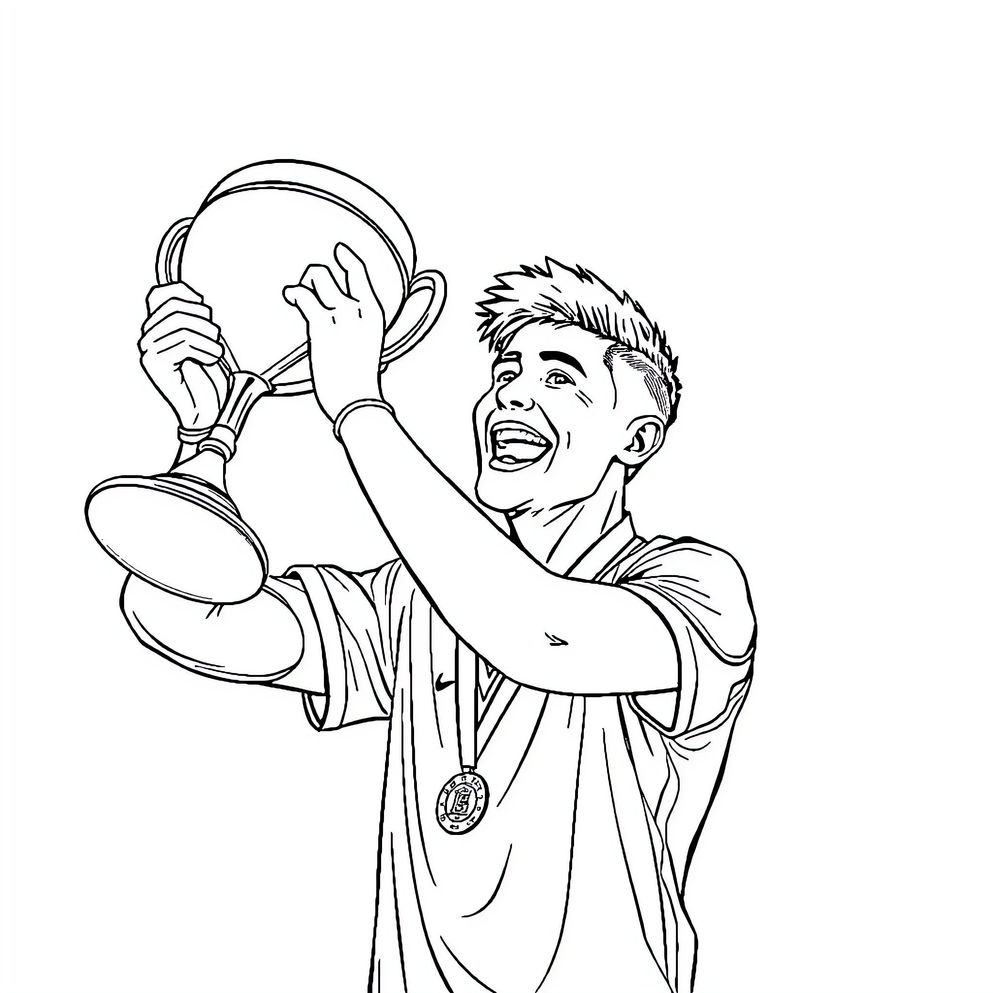Faker Triumphantly Hoists Championship Trophy Coloring Page (free black-and-white line drawing printable PDF for all, from beginners to advanced learners, including children, teens, adults, and seniors)