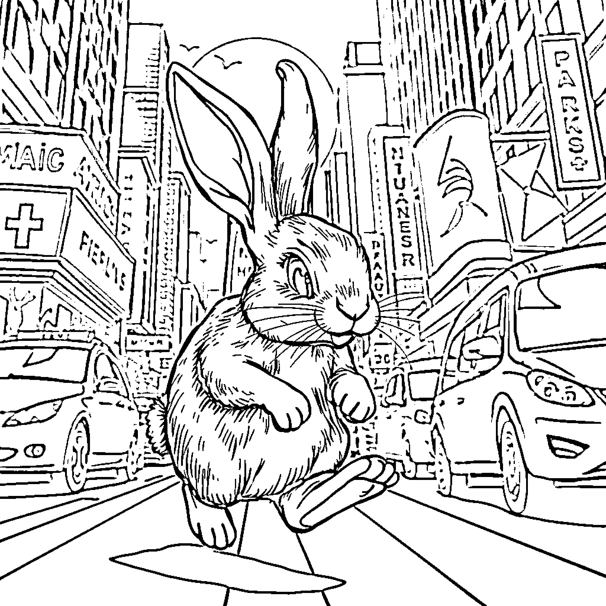 Laporan of a Curious Rabbit in the City Coloring Page (free black-and-white line drawing printable PDF for all, from beginners to advanced learners, including children, teens, adults, and seniors)