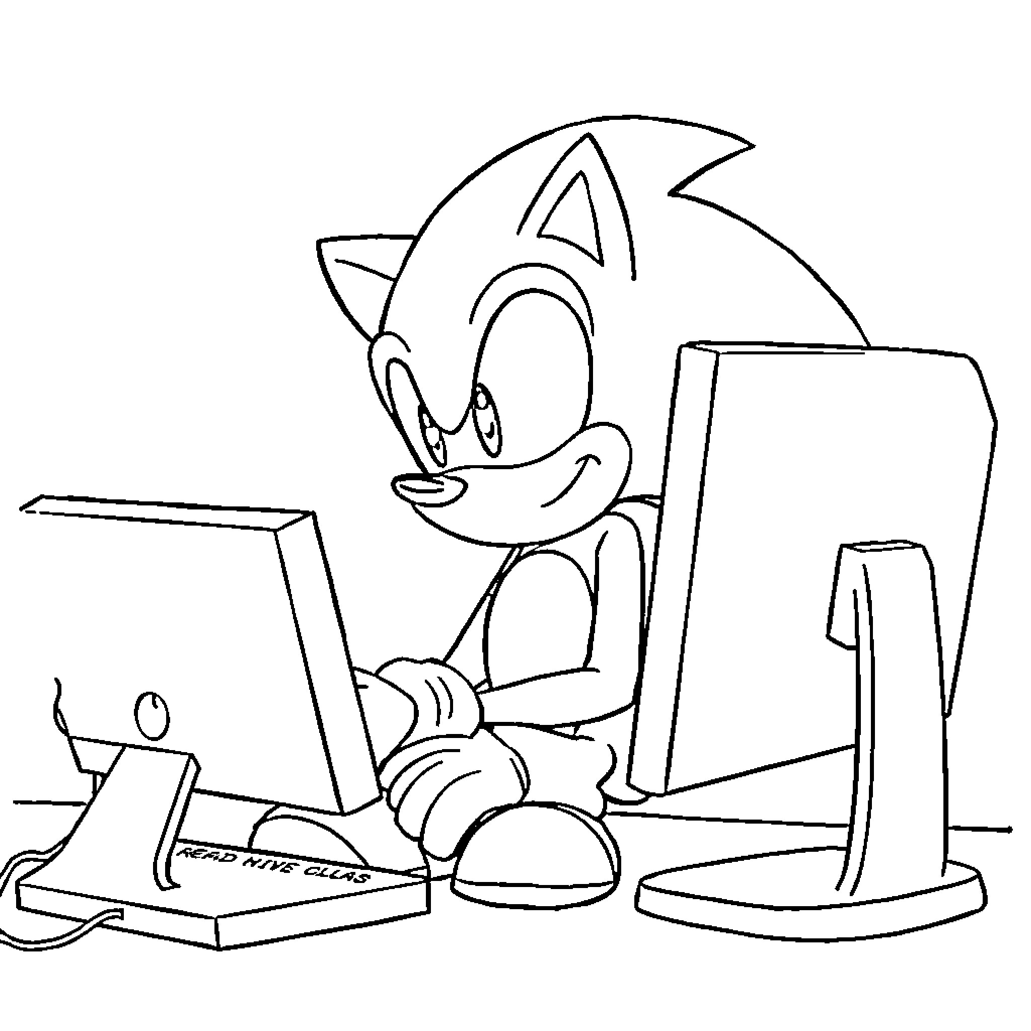Sonic Playing Video Games with Computer Coloring Page (free black-and-white line drawing printable PDF for all, from beginners to advanced learners, including children, teens, adults, and seniors)