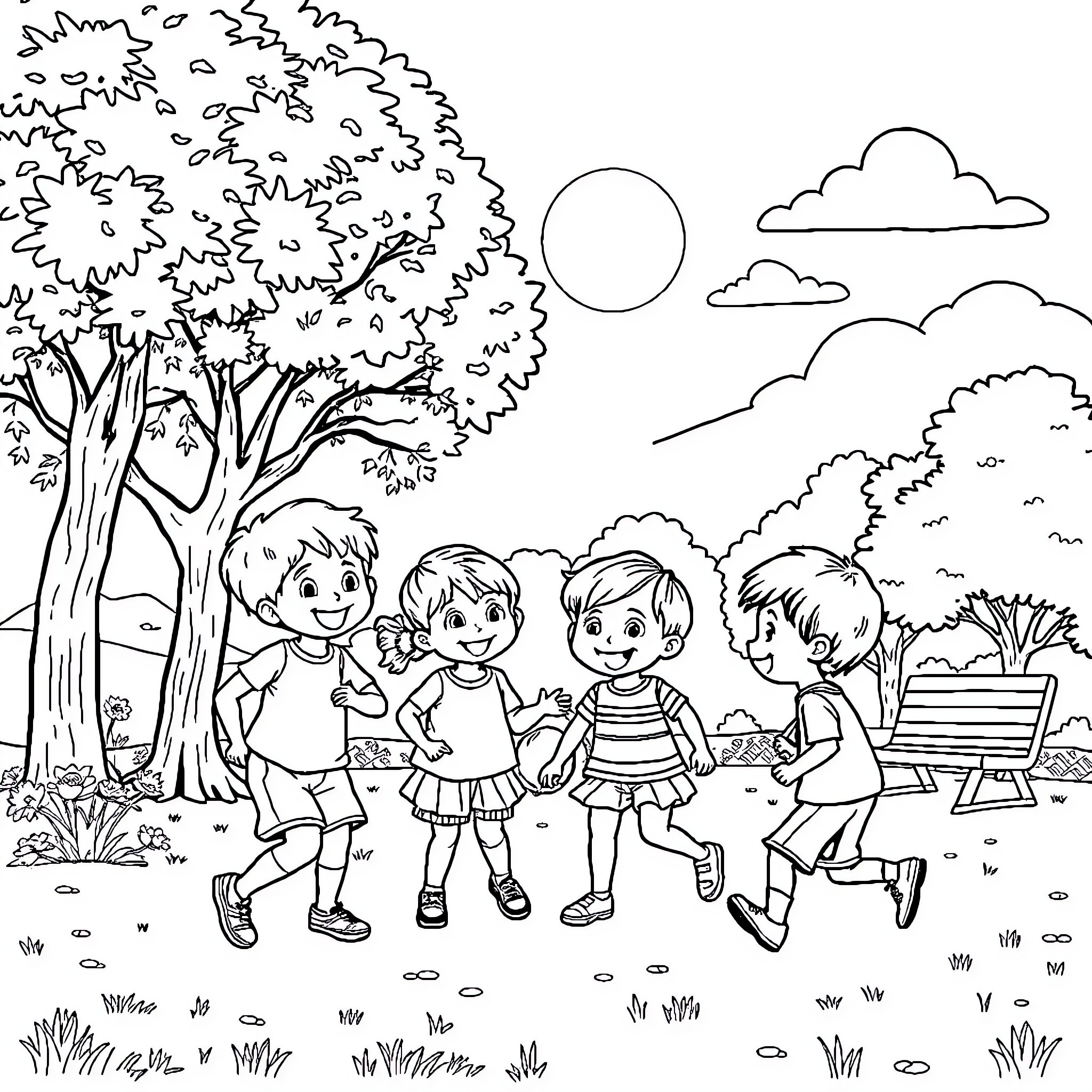 Kid friends playing in the park Coloring Page (free black-and-white line drawing printable PDF for all, from beginners to advanced learners, including children, teens, adults, and seniors)