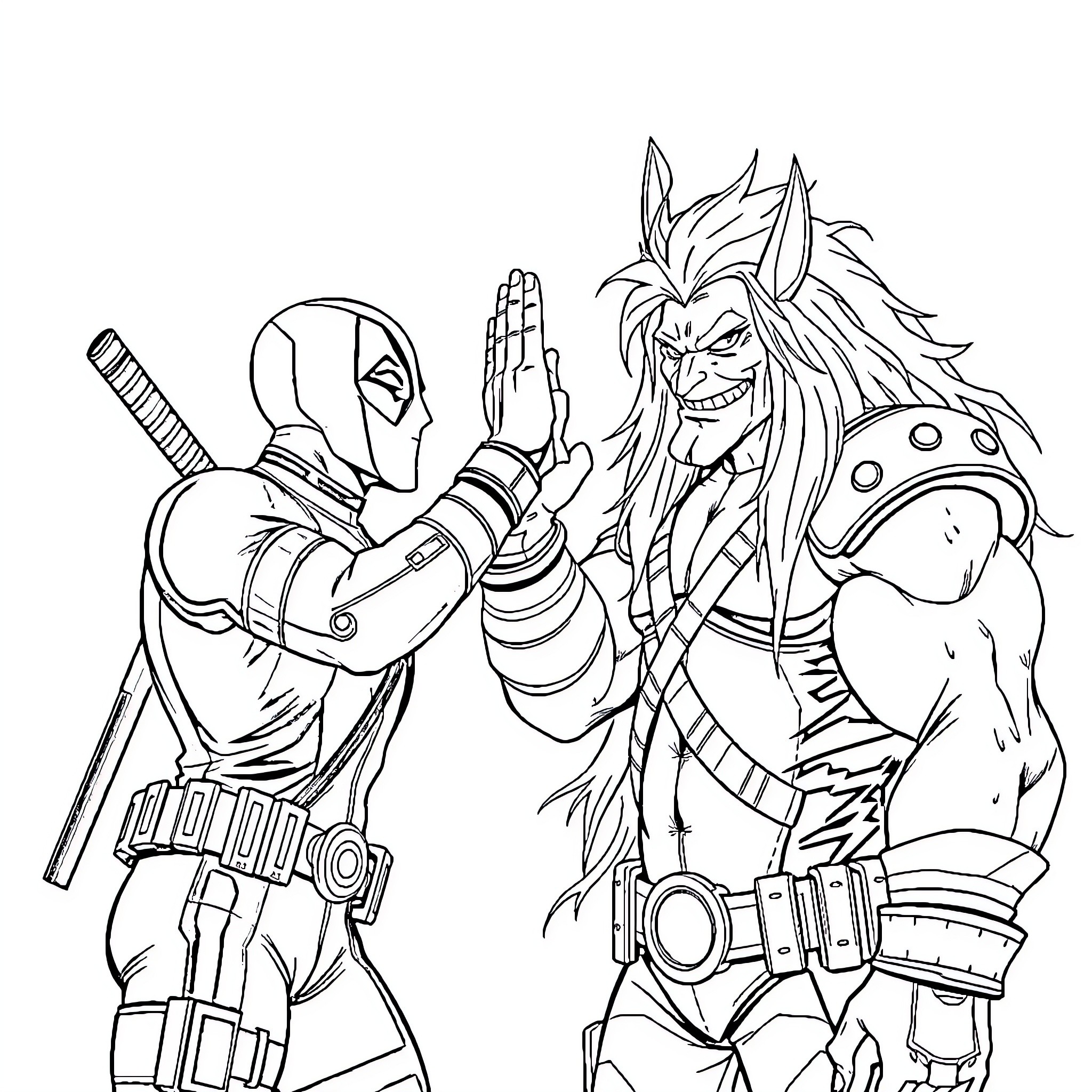 Deadpool and Anime Character in Epic Confrontation Coloring Page (free black-and-white line drawing printable PDF for all, from beginners to advanced learners, including children, teens, adults, and seniors)