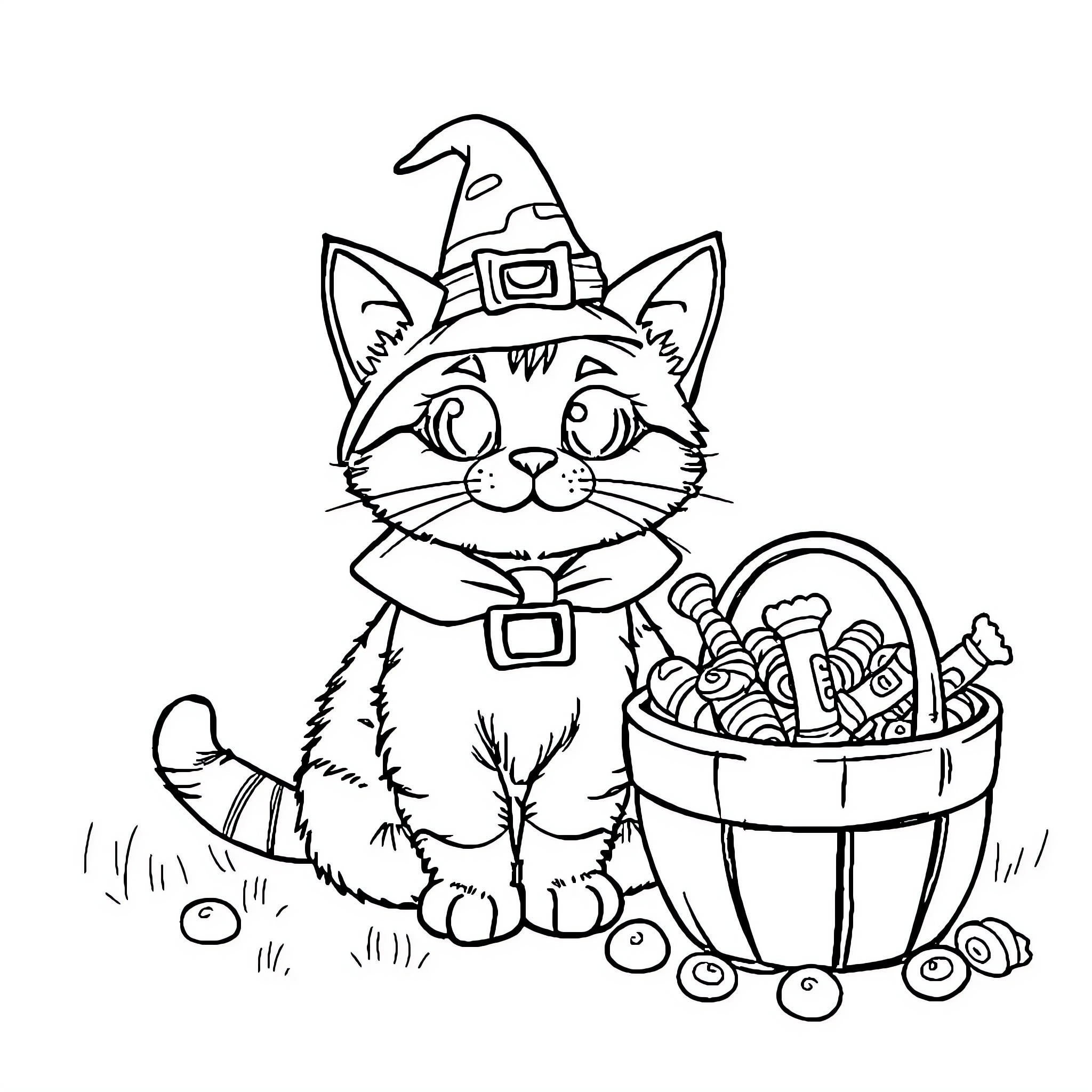 Cat wearing a witch hat with a basket of treats Coloring Page (free black-and-white line drawing printable PDF for all, from beginners to advanced learners, including children, teens, adults, and seniors)