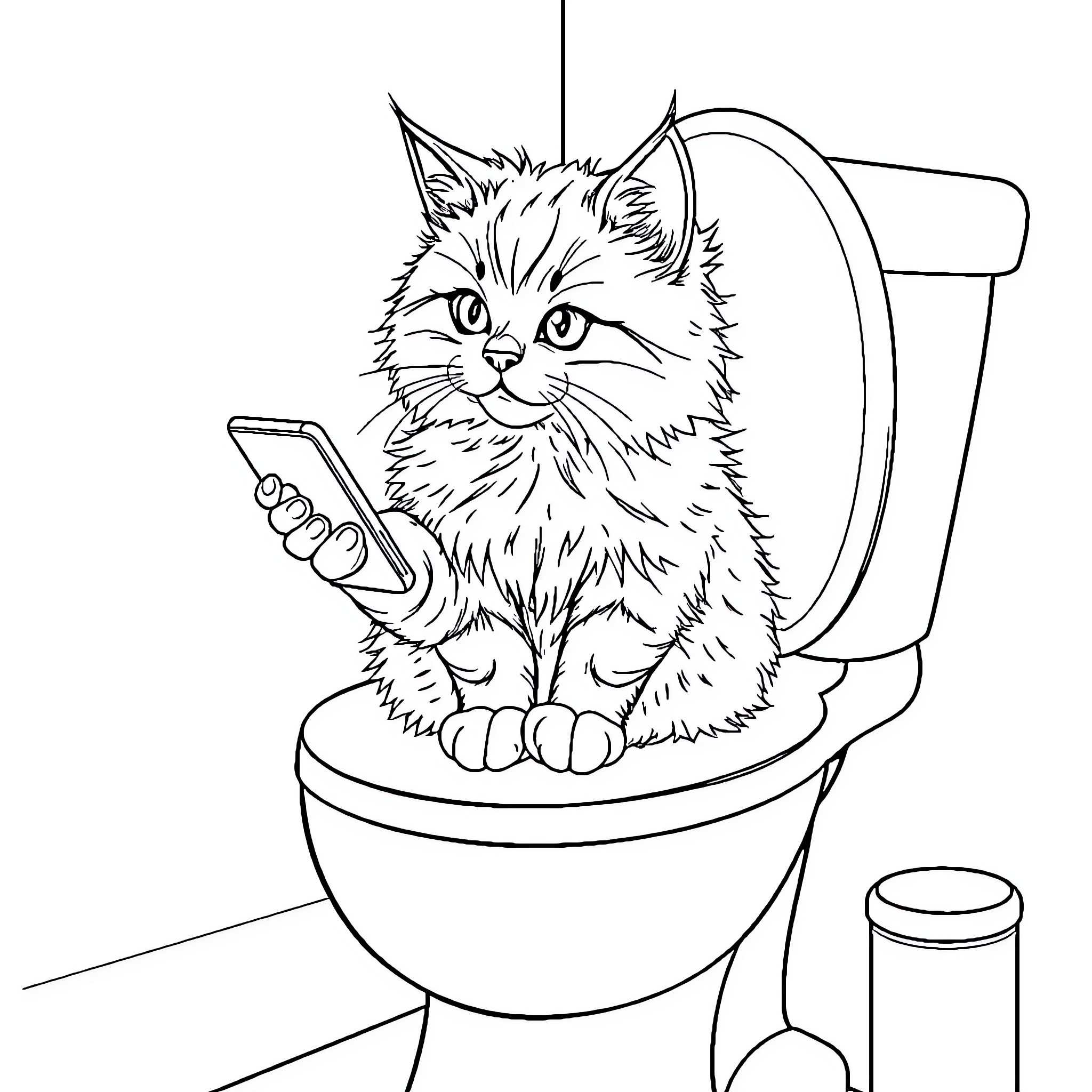 Cat using smartphone on toilet Coloring Page (free black-and-white line drawing printable PDF for all, from beginners to advanced learners, including children, teens, adults, and seniors)