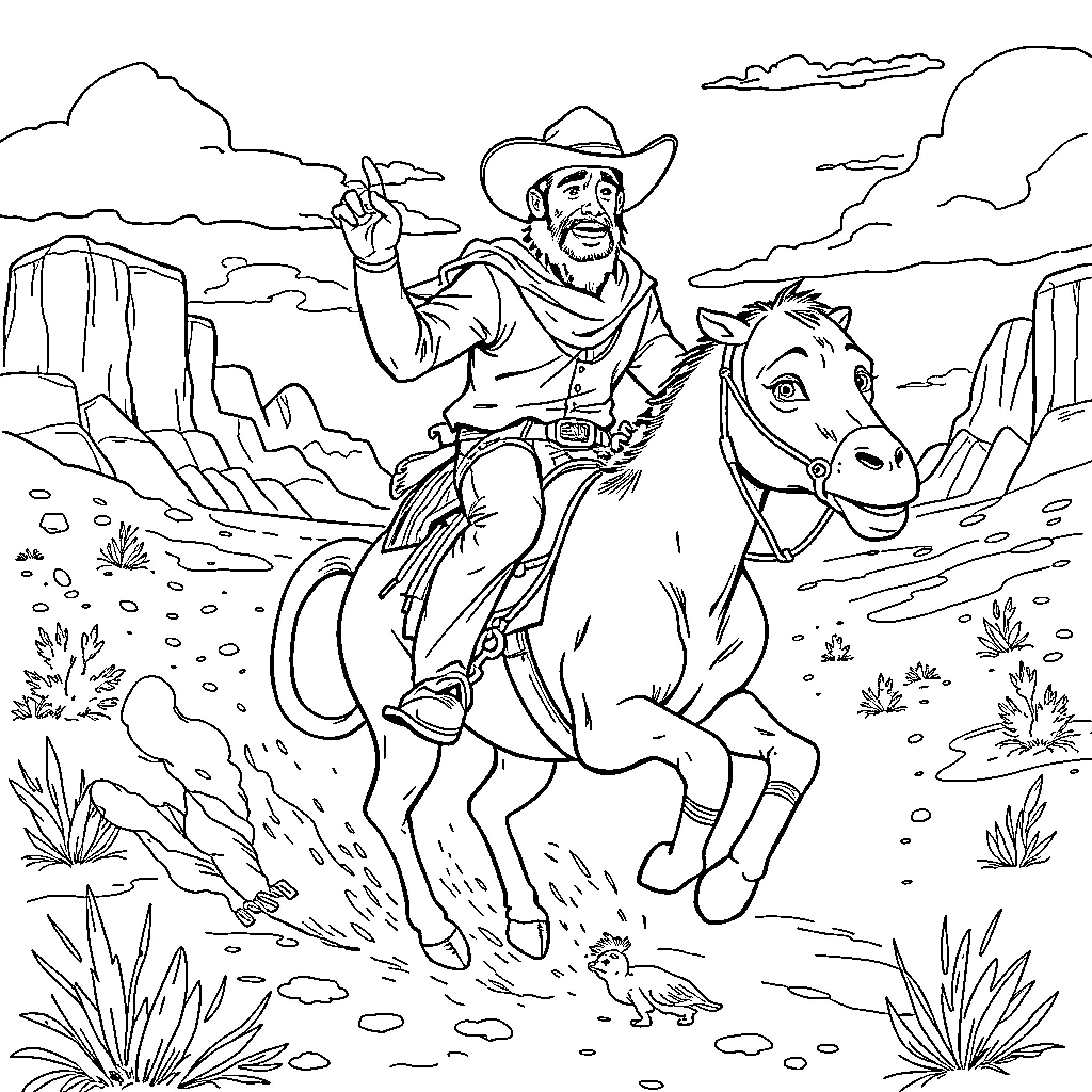 Cowboy riding horse in the Wild West desert Coloring Page (free black-and-white line drawing printable PDF for all, from beginners to advanced learners, including children, teens, adults, and seniors)