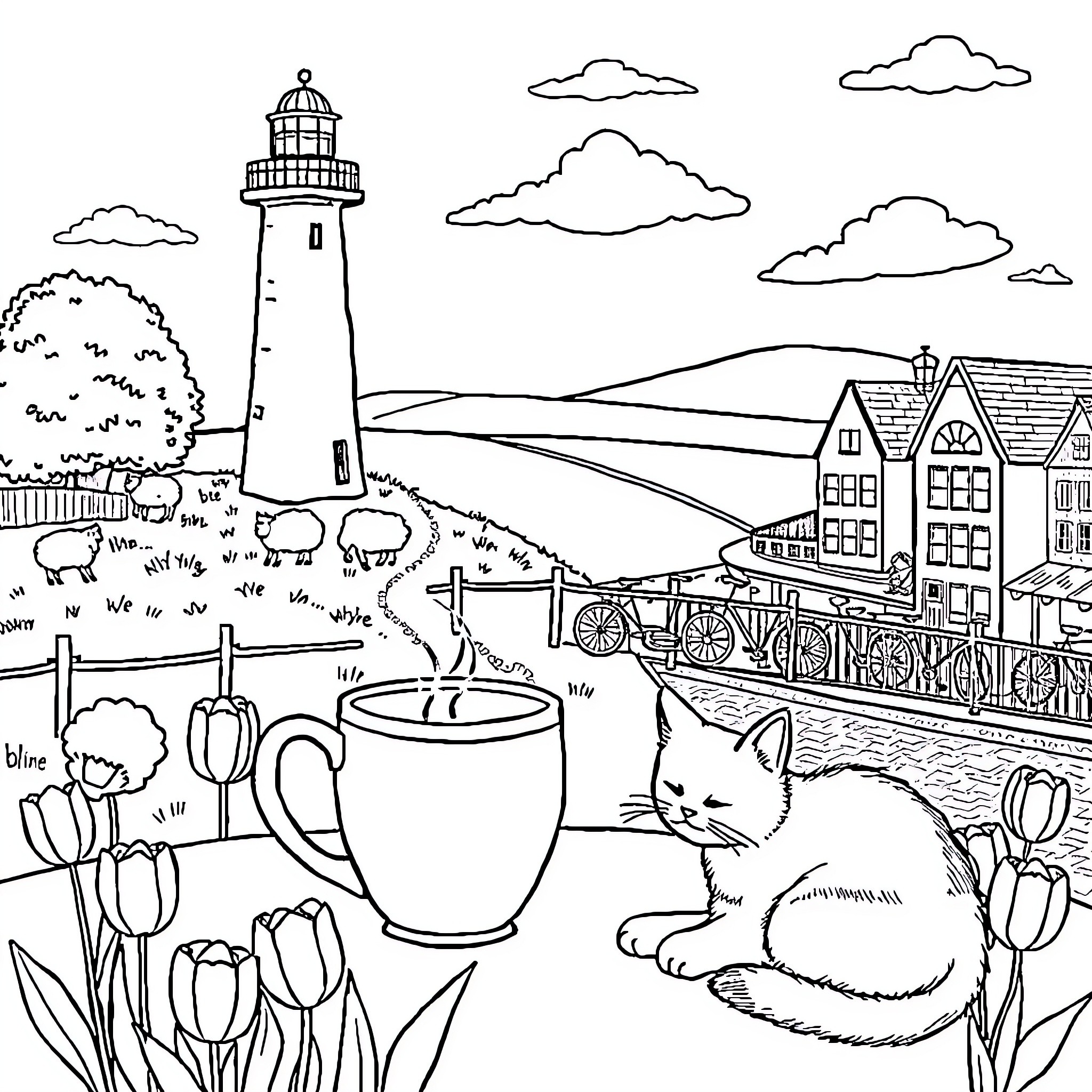 Travel through a scenic lighthouse and village Coloring Page (free black-and-white line drawing printable PDF for all, from beginners to advanced learners, including children, teens, adults, and seniors)