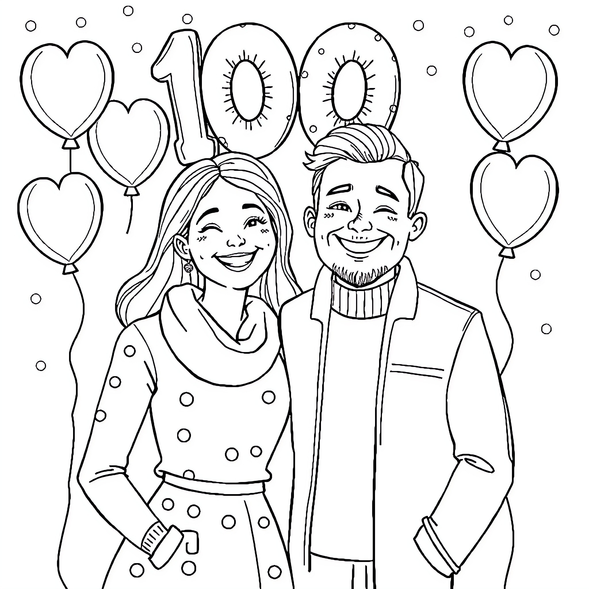 Couple celebrating with balloons at 100th birthday party Coloring Page (free black-and-white line drawing printable PDF for all, from beginners to advanced learners, including children, teens, adults, and seniors)