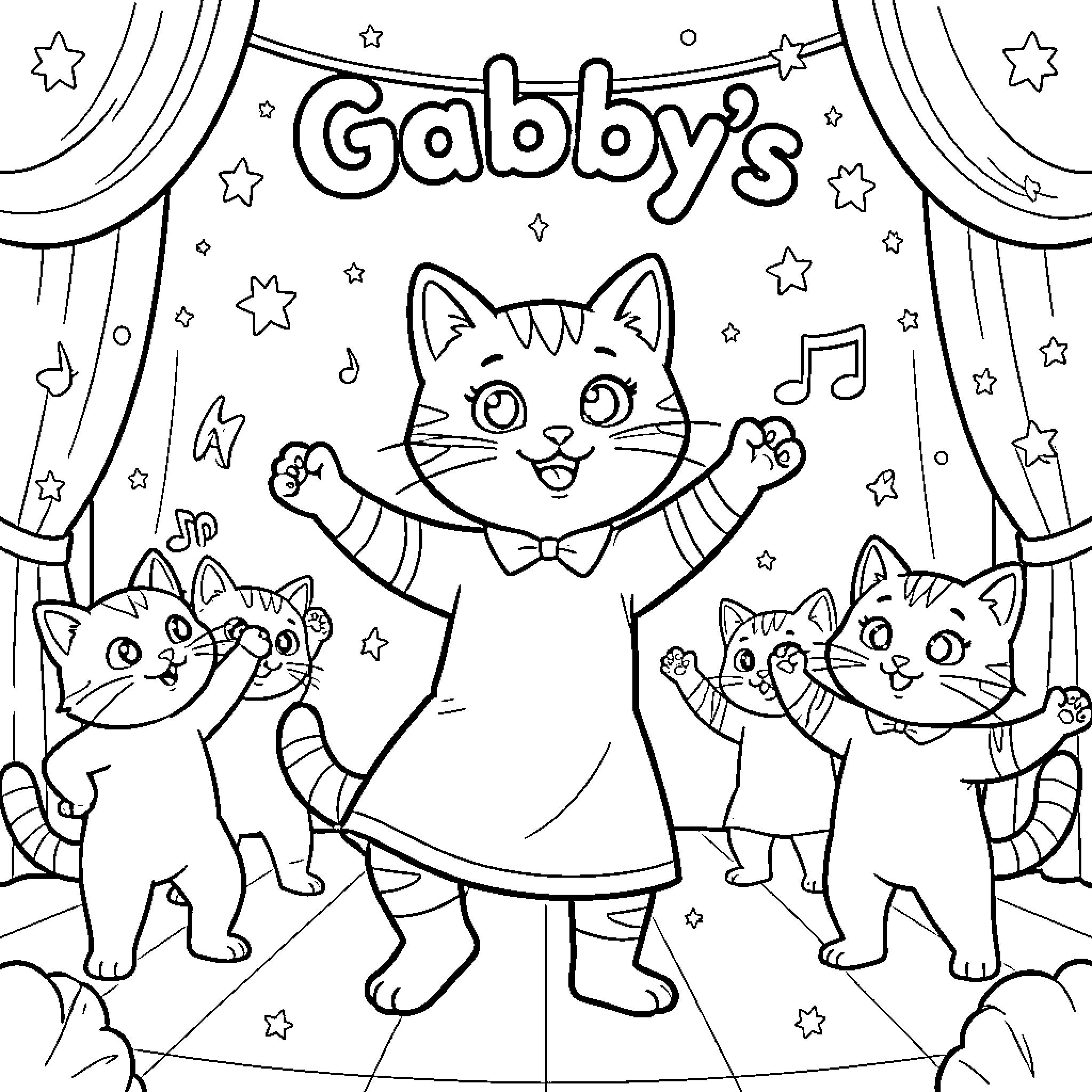 Gabby Cat performing a dance on a stage Coloring Page (free black-and-white line drawing printable PDF for all, from beginners to advanced learners, including children, teens, adults, and seniors)