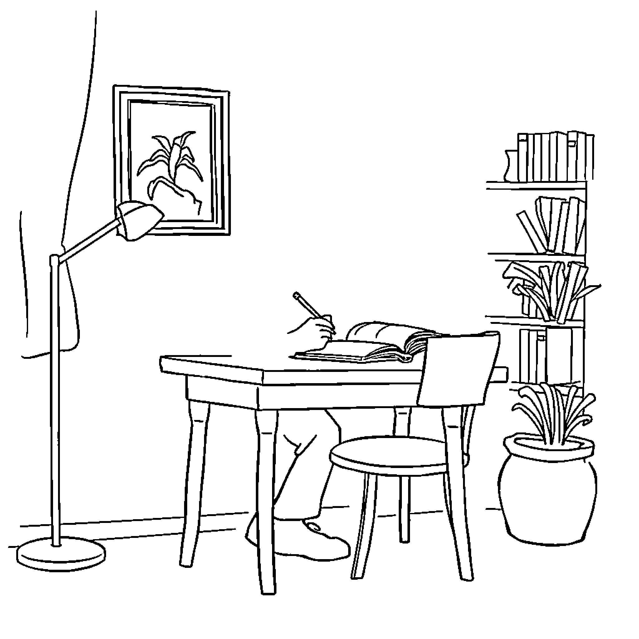 Book Author Writing at Desk in Cozy Study Coloring Page (free black-and-white line drawing printable PDF for all, from beginners to advanced learners, including children, teens, adults, and seniors)
