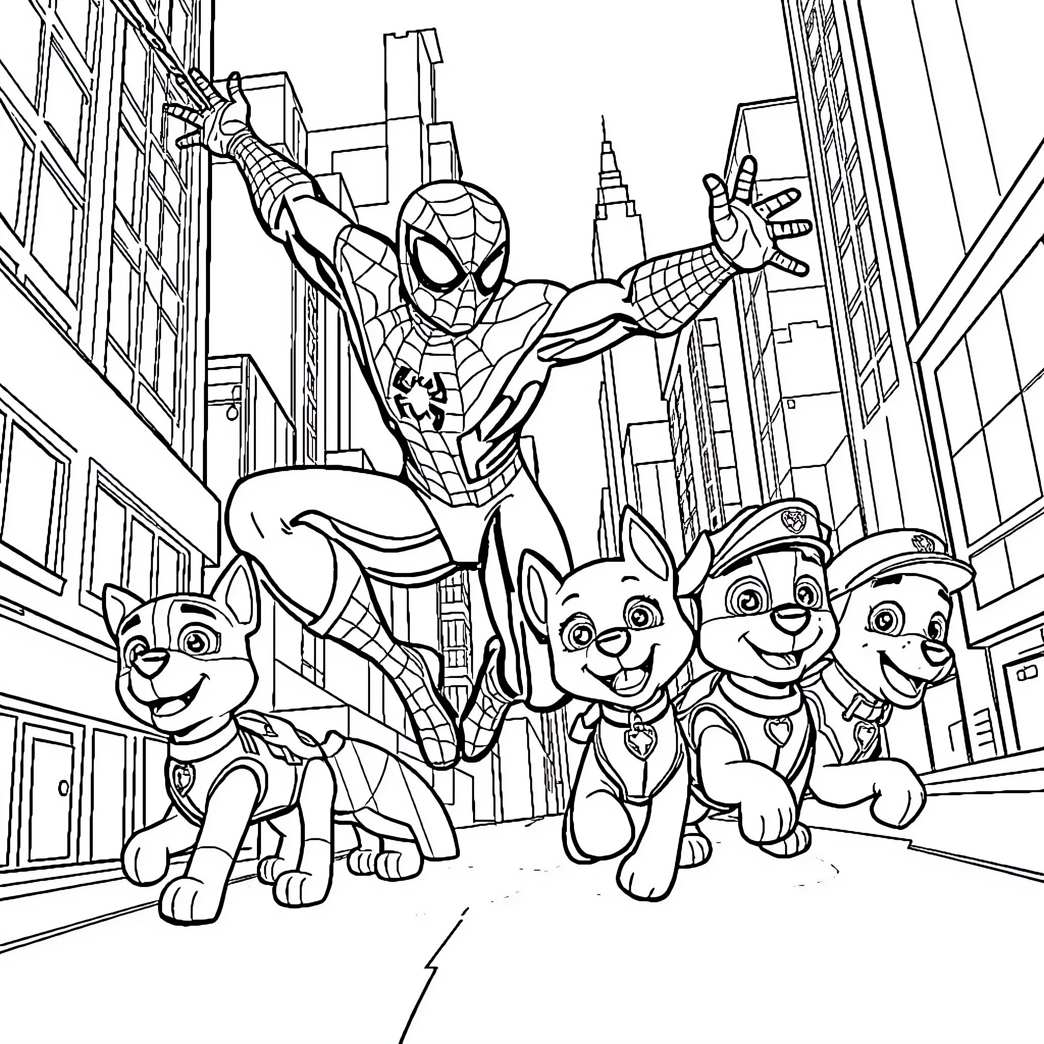 Spiderman and Paw Patrol team up in the city Coloring Page (free black-and-white line drawing printable PDF for all, from beginners to advanced learners, including children, teens, adults, and seniors)