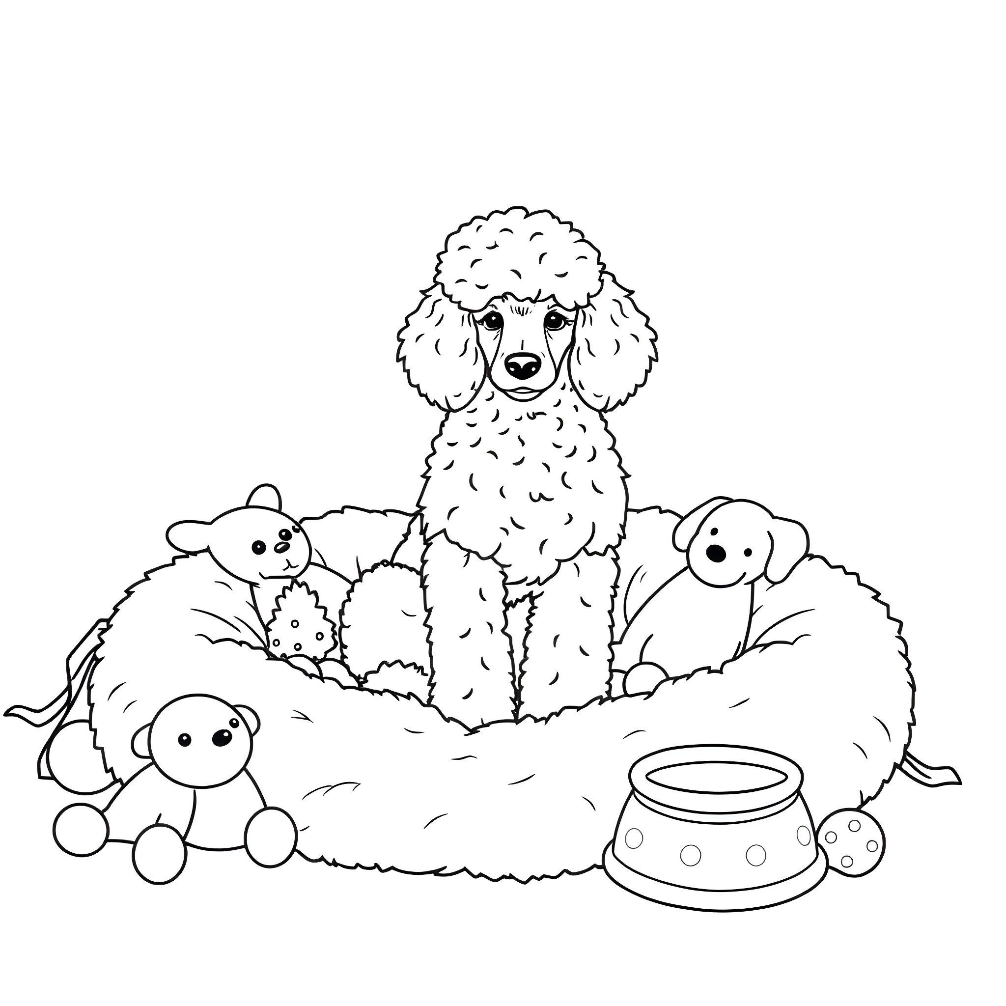 Poodle surrounded by playful puppies and pet toys Coloring Page (free black-and-white line drawing printable PDF for all, from beginners to advanced learners, including children, teens, adults, and seniors)
