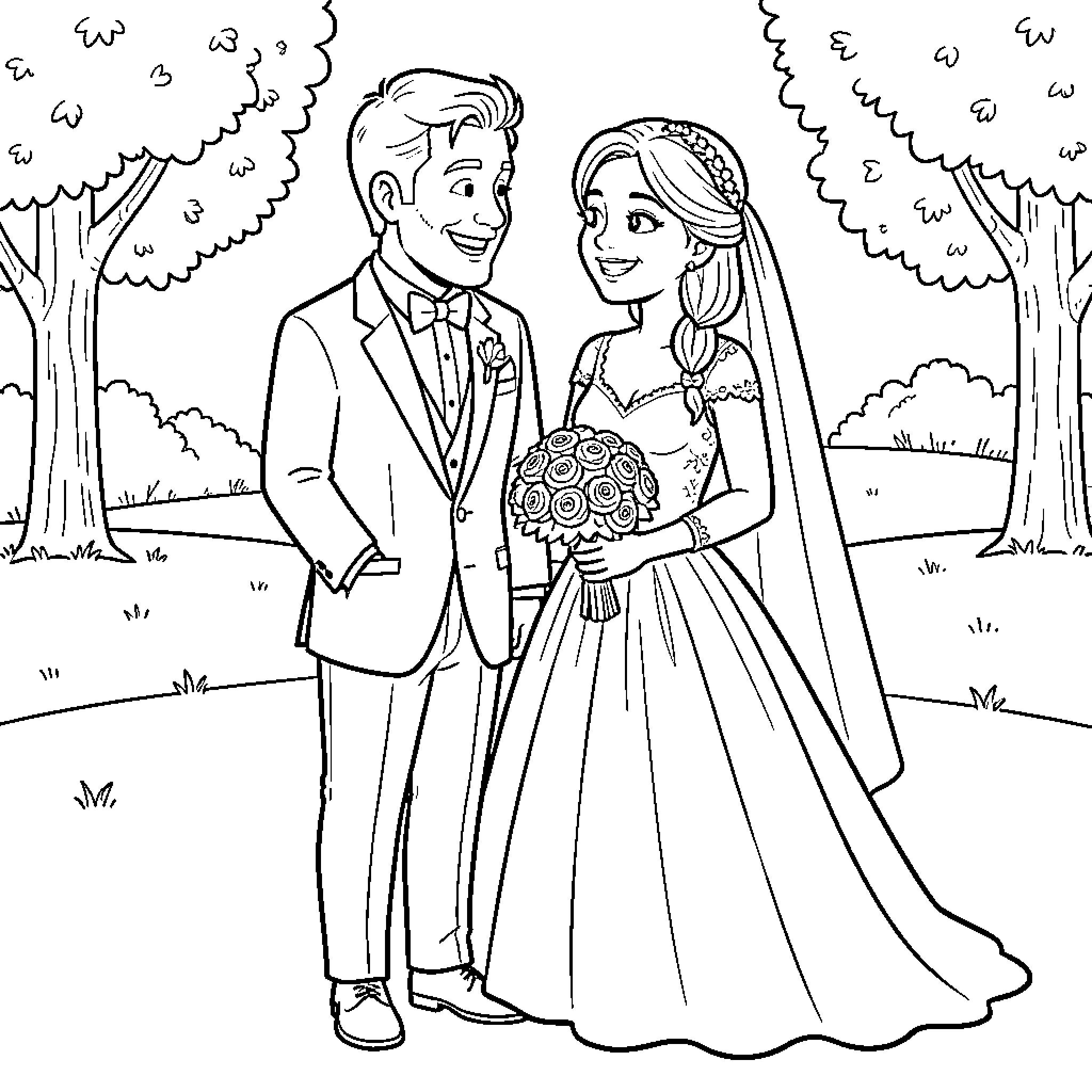 Wedding Couple smiling while standing in a park Coloring Page (free black-and-white line drawing printable PDF for all, from beginners to advanced learners, including children, teens, adults, and seniors)