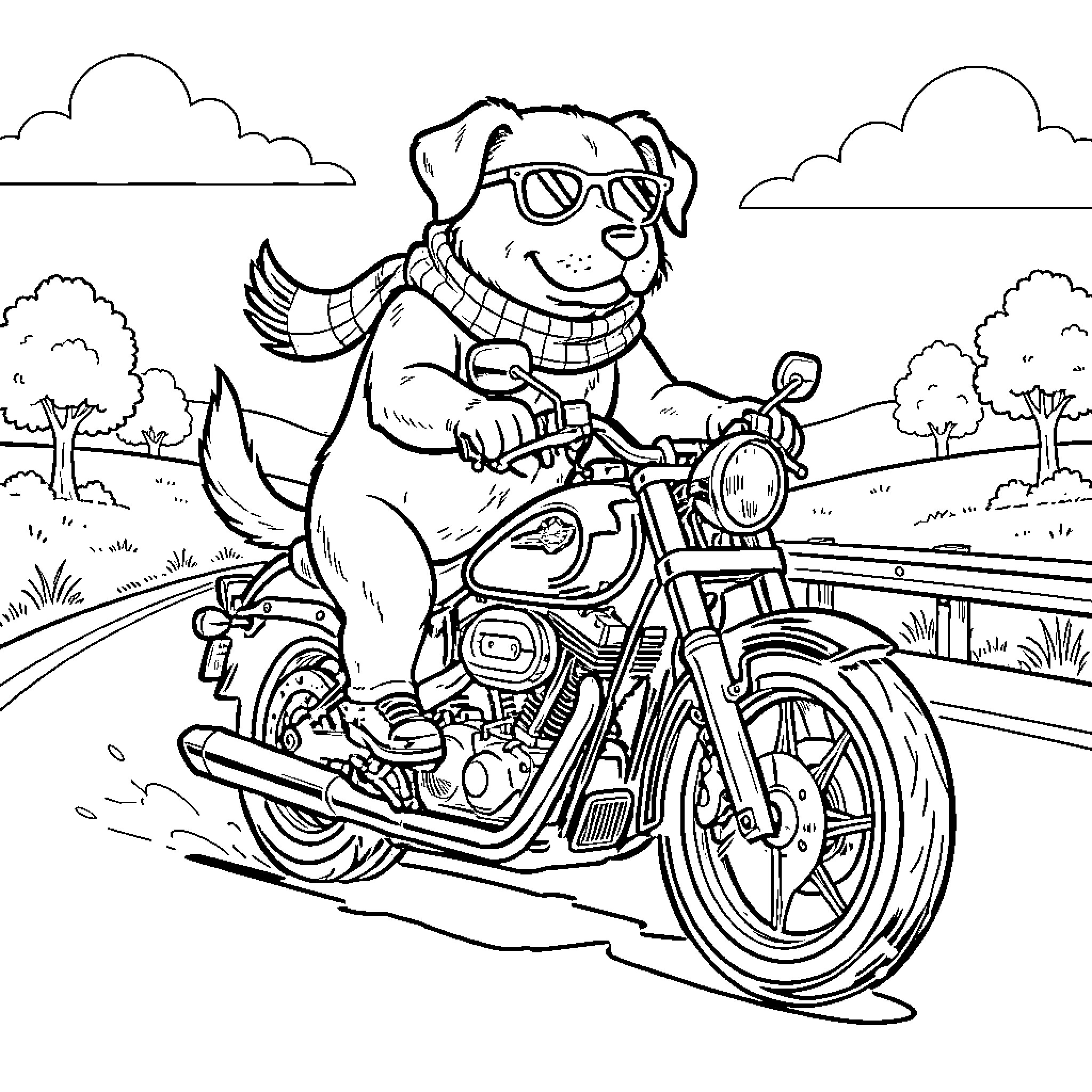 Dog riding motorcycle in the countryside Coloring Page (free black-and-white line drawing printable PDF for all, from beginners to advanced learners, including children, teens, adults, and seniors)