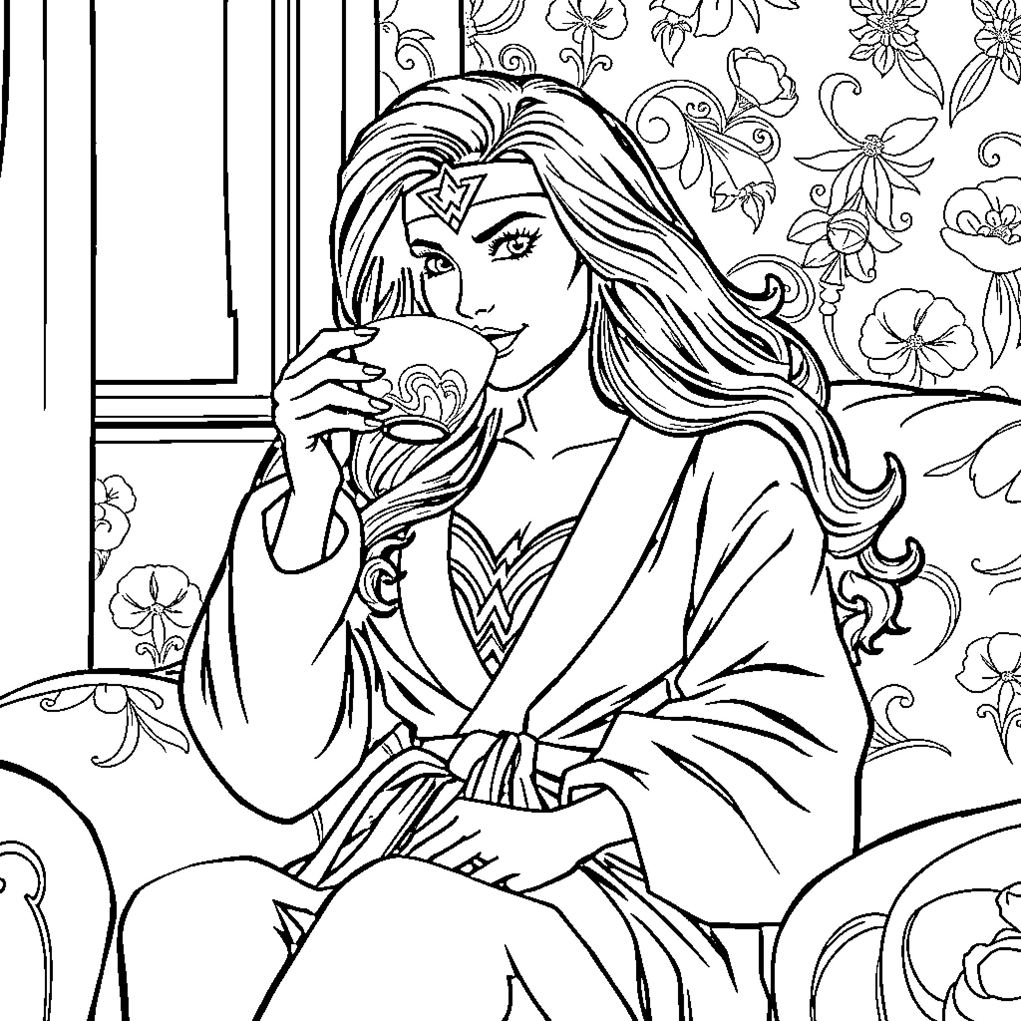 Wonder Woman admiring a flower Coloring Page (free black-and-white line drawing printable PDF for all, from beginners to advanced learners, including children, teens, adults, and seniors)