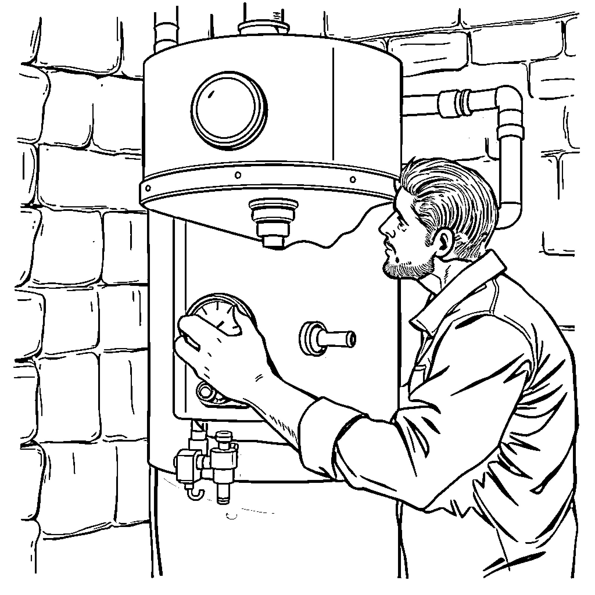 Man inspecting and repairing home appliance Coloring Page (free black-and-white line drawing printable PDF for all, from beginners to advanced learners, including children, teens, adults, and seniors)