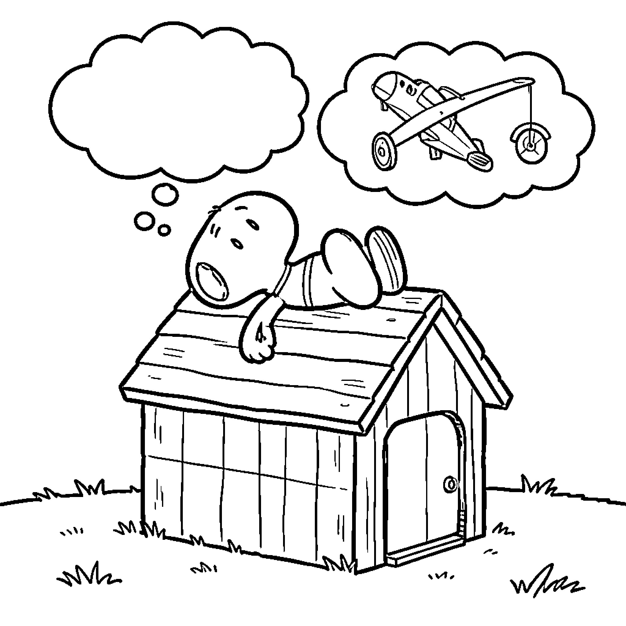 Snoopy lying on his doghouse dreaming of flying Coloring Page (free black-and-white line drawing printable PDF for all, from beginners to advanced learners, including children, teens, adults, and seniors)