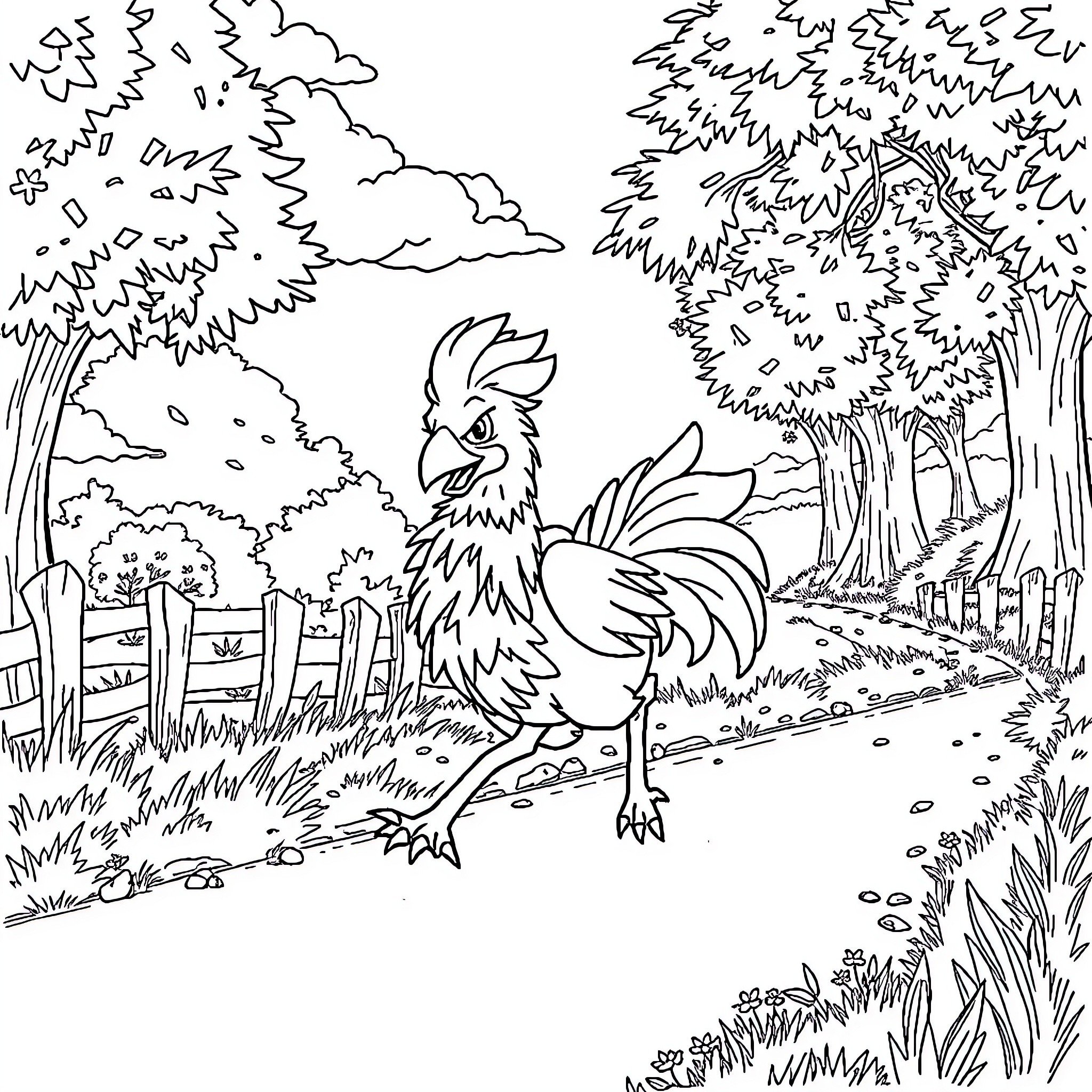 Chocobo exploring lush forest landscape Coloring Page (free black-and-white line drawing printable PDF for all, from beginners to advanced learners, including children, teens, adults, and seniors)
