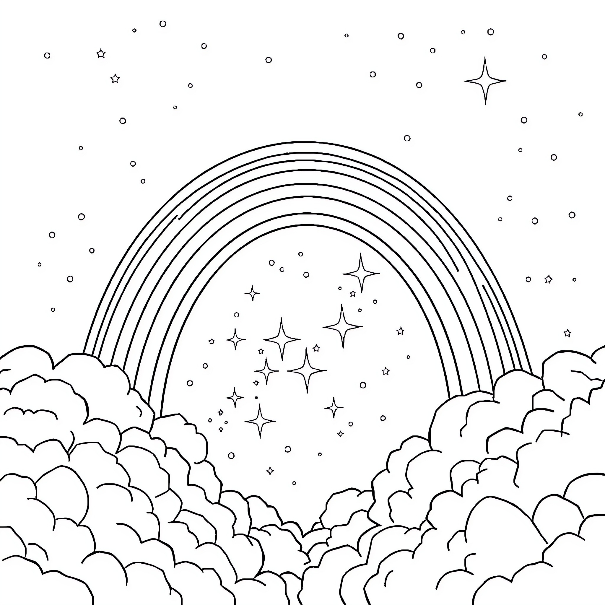 Rainbow over the starry sky and clouds Coloring Page (free black-and-white line drawing printable PDF for all, from beginners to advanced learners, including children, teens, adults, and seniors)