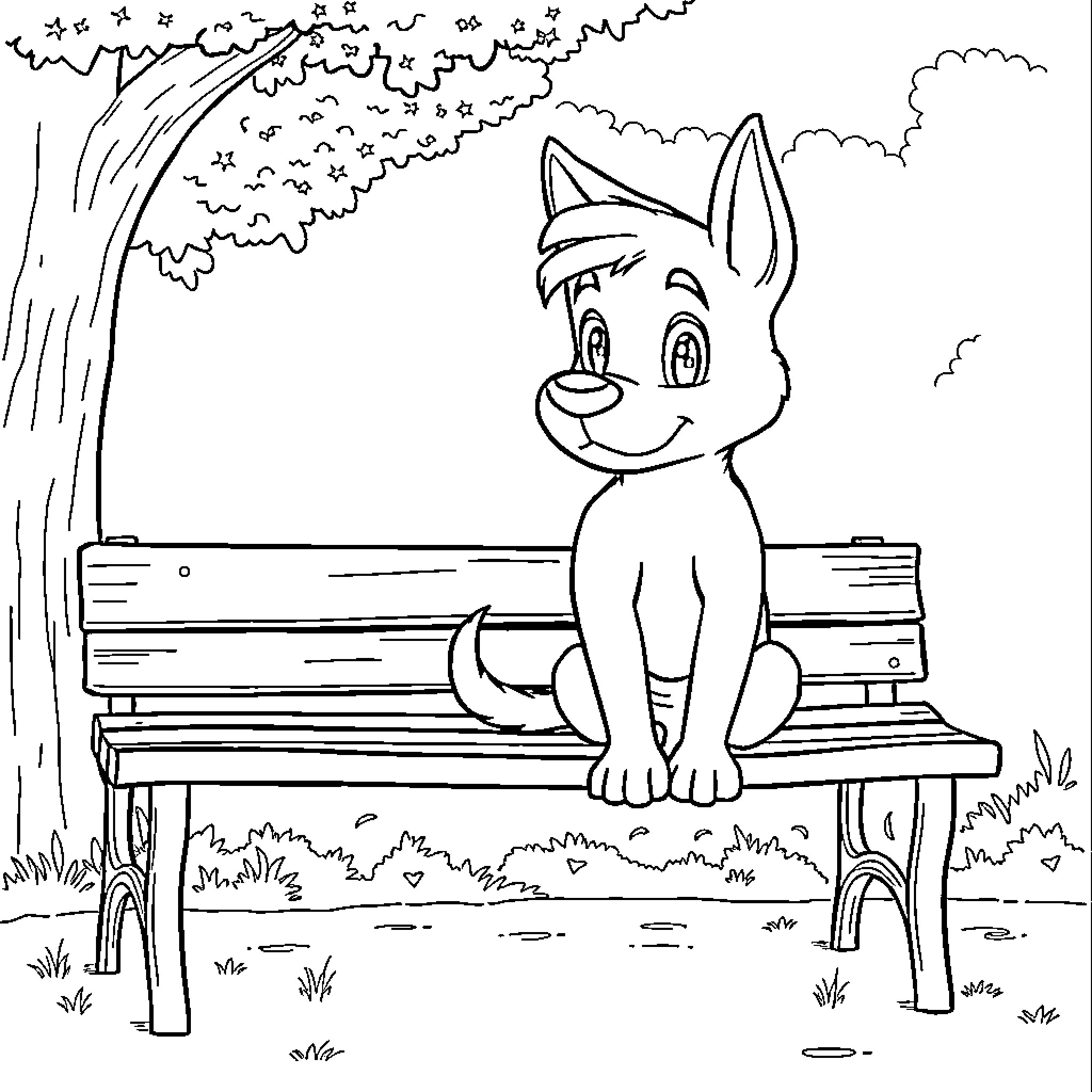 Milo J enjoying a peaceful day on the park bench Coloring Page (free black-and-white line drawing printable PDF for all, from beginners to advanced learners, including children, teens, adults, and seniors)