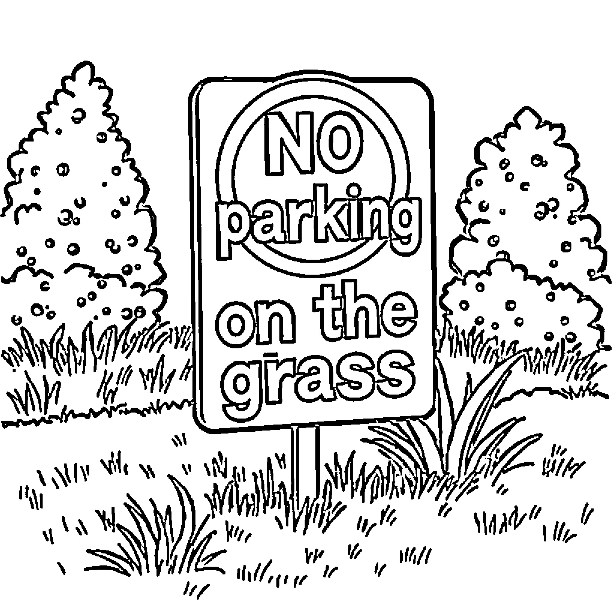 Sign warning against parking on the grass Coloring Page (free black-and-white line drawing printable PDF for all, from beginners to advanced learners, including children, teens, adults, and seniors)